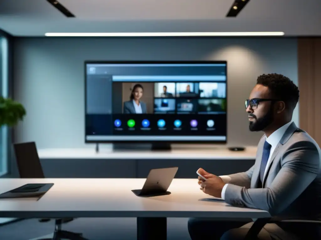Configuración profesional de videoconferencia en oficina moderna Un profesional configura una videoconferencia segura desde una oficina moderna