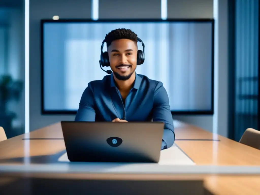 Profesionalidad y seguridad en videoconferencias Un profesional participa en una videoconferencia segura, con tecnología moderna y enfoque determinado