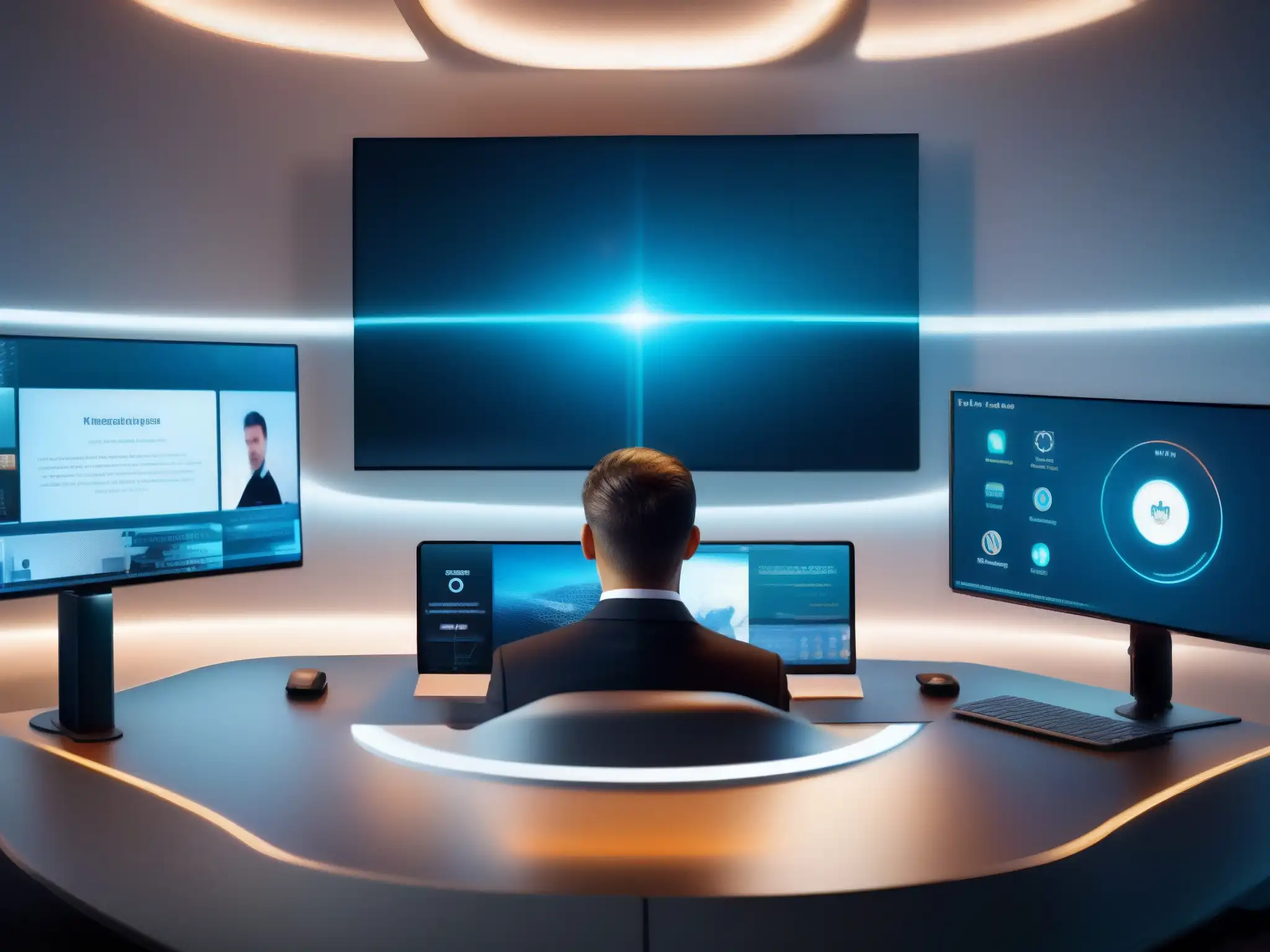 Conferencia virtual segura: profesional en entorno futurista Profesional en videoconferencia con tecnología de seguridad futurista