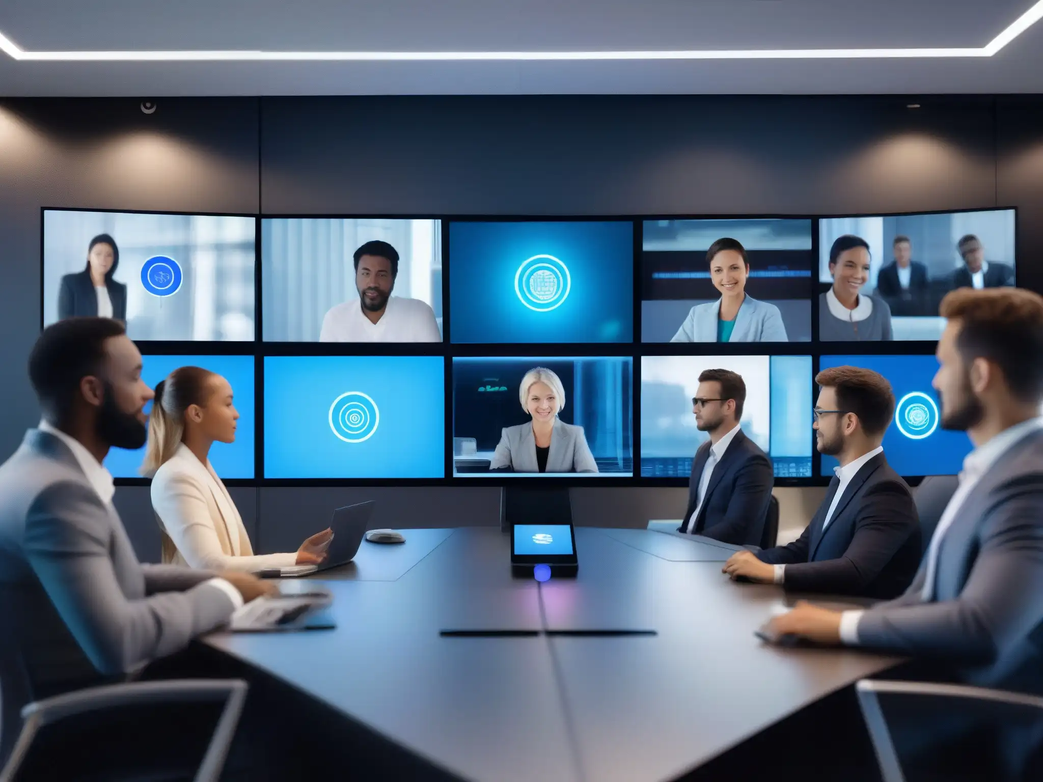 Videoconferencia segura en oficina futurista Profesional evita filtración información en videoconferencias con alta seguridad y privacidad en moderna oficina futurista