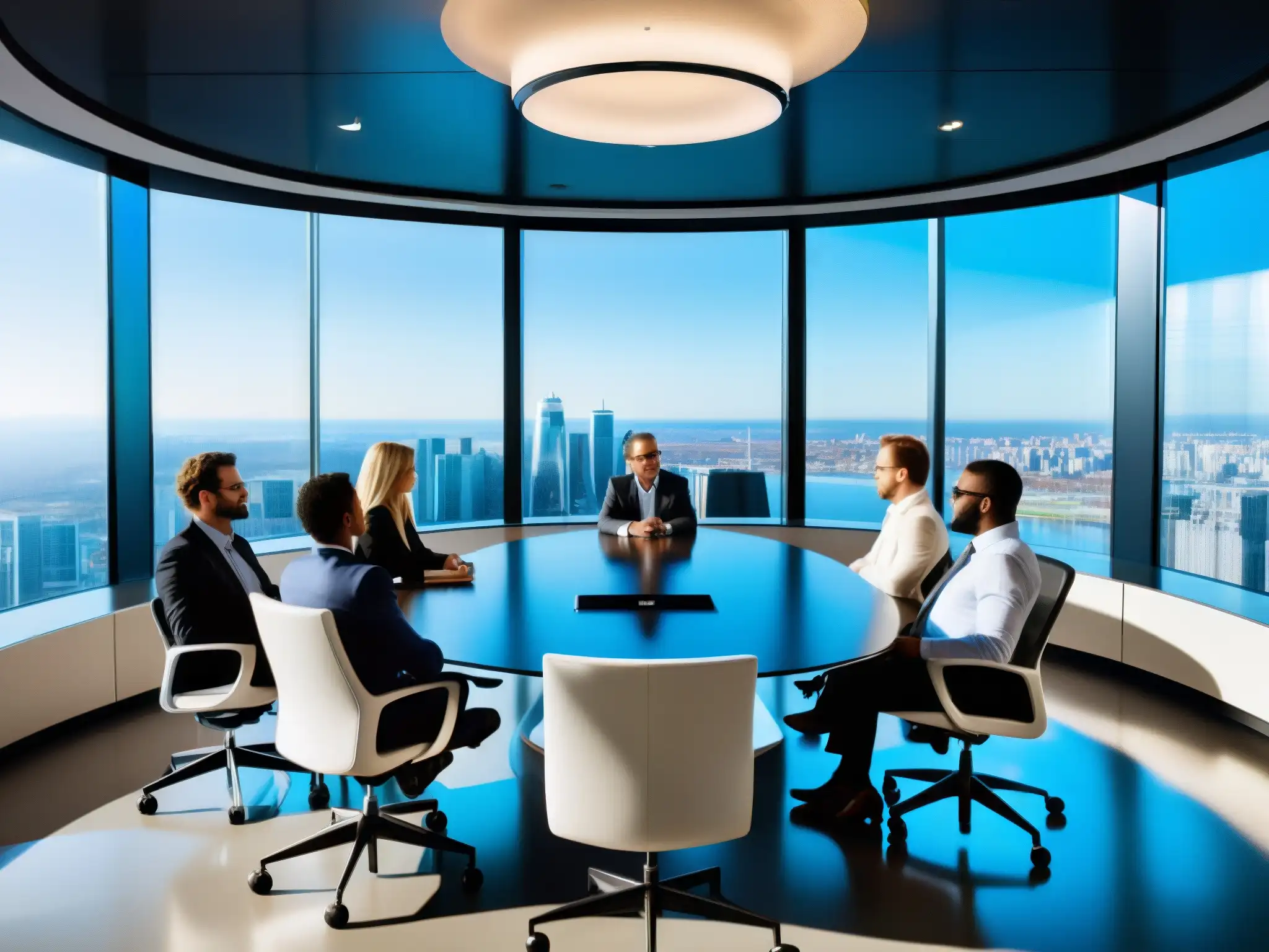 Reunión de profesionales en sala de juntas moderna Profesionales organizando agendas en videoconferencias en una moderna sala de juntas con vista a la ciudad