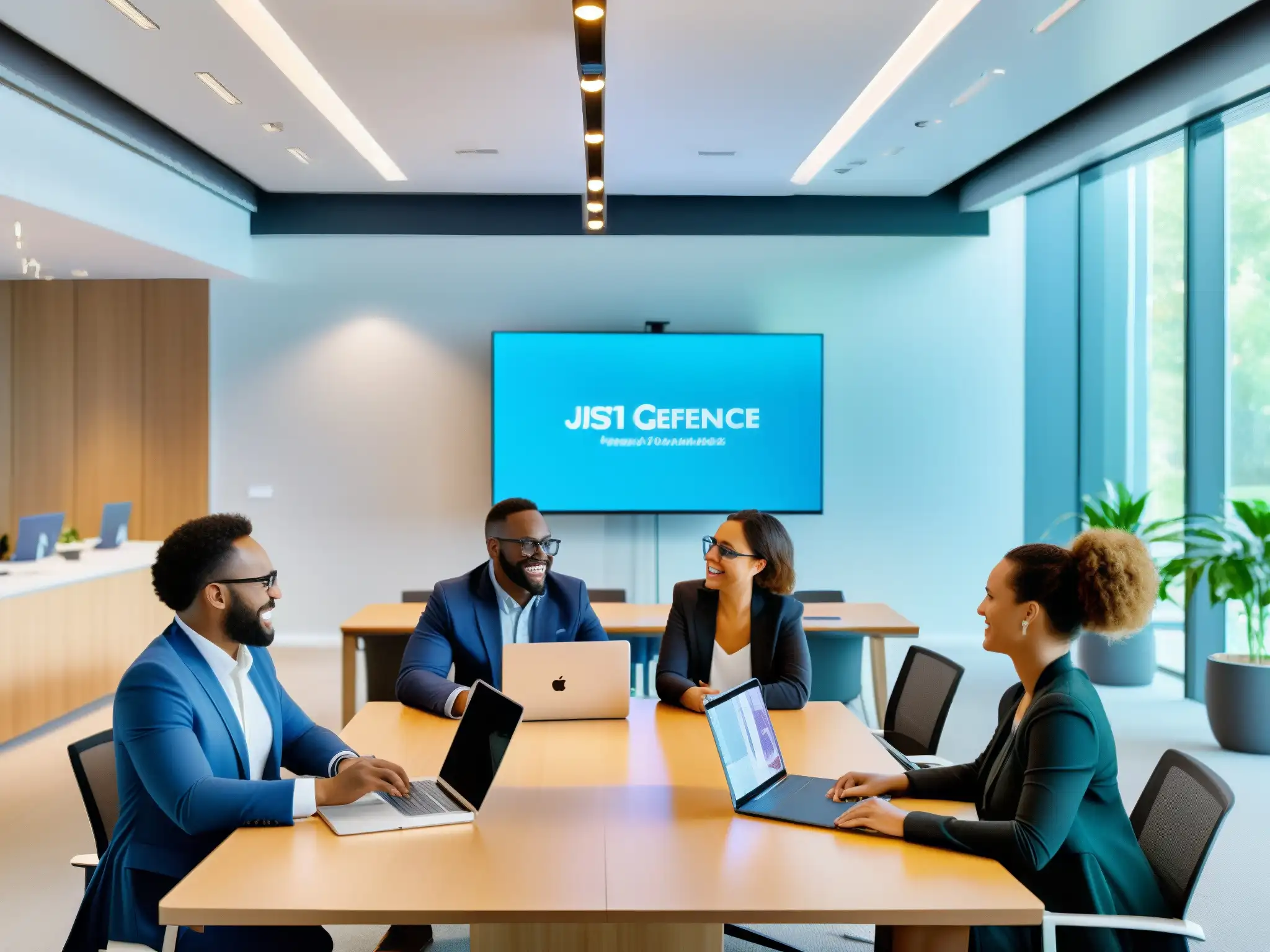 Equipo diverso colaborando en un espacio de oficina moderno y luminoso Profesionales colaborando en un ambiente luminoso y moderno, mejorando productividad con Jitsi Meet en pantalla