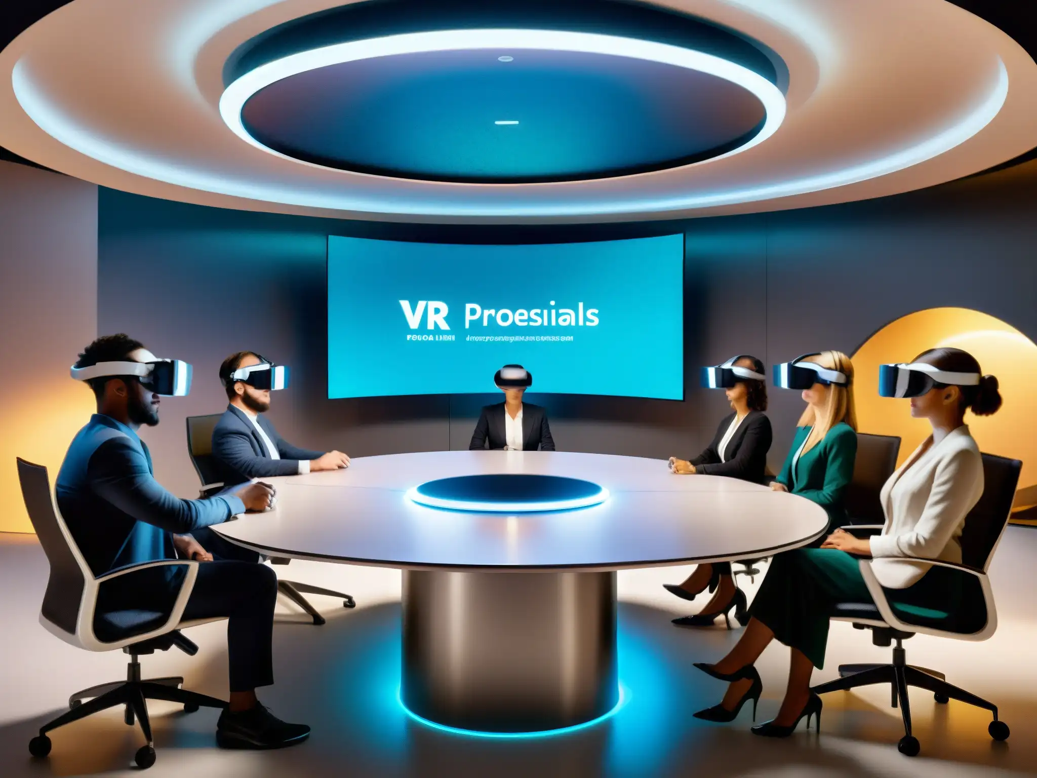 Reunión virtual inmersiva: profesionales interactúan en entorno futurista Profesionales crean ambientes efectivos en realidad virtual en una sala de reuniones futurista