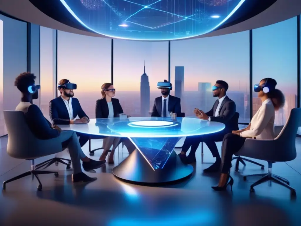 Profesionales en reunión virtual en oficina futurista Profesionales creando ambientes efectivos realidad virtual en un espacio futurista con hologramas y tecnología de vanguardia