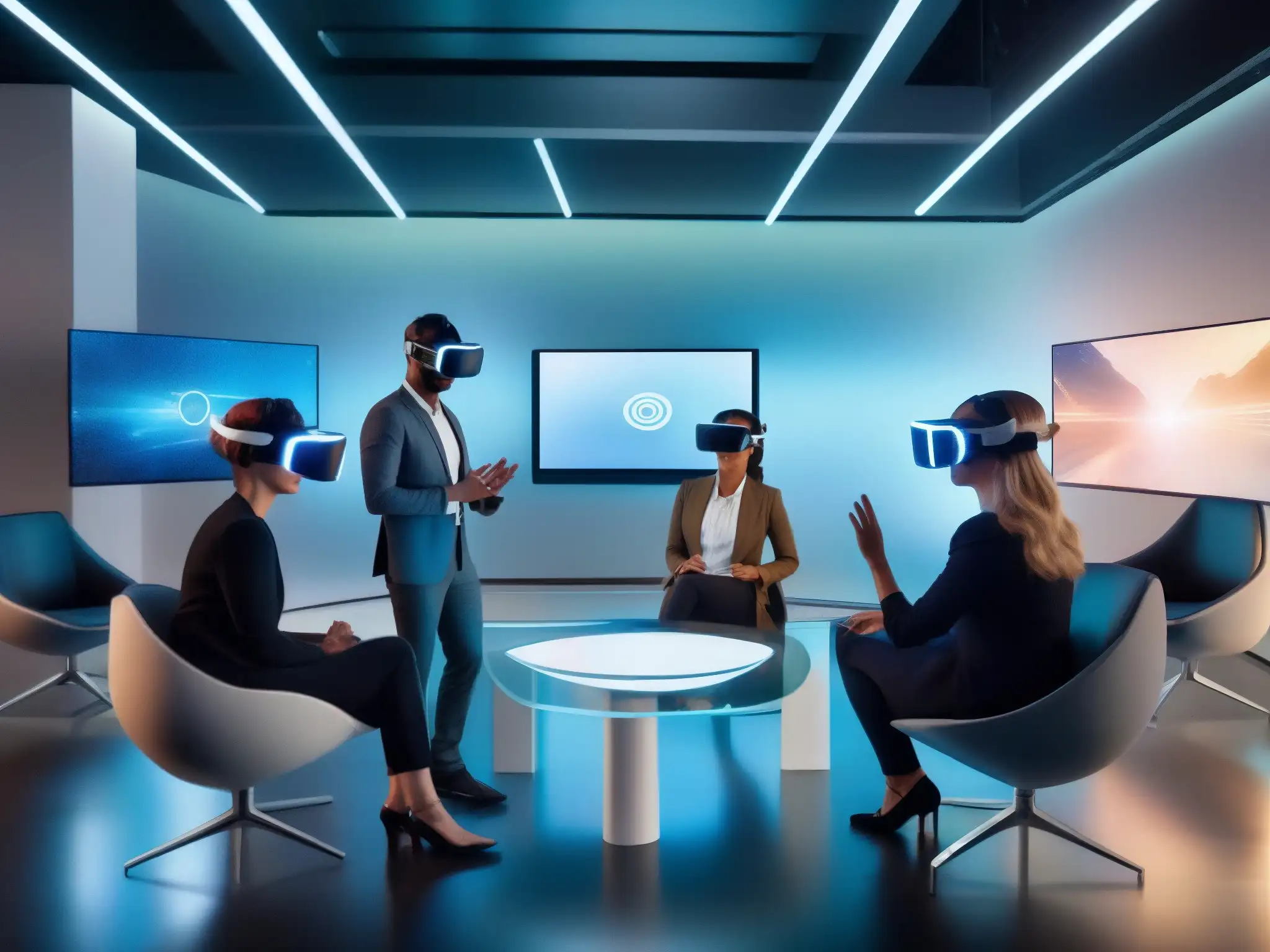 Reunión en Realidad Virtual: Profesionales en Ambiente Futurista Profesionales crean ambientes efectivos realidad virtual en sala futurista con hologramas e interacción virtual
