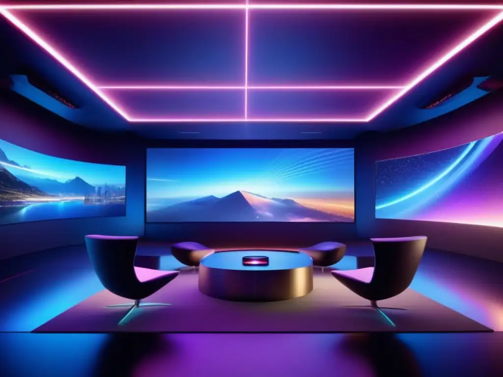 Reunión virtual de profesionales en sala futurista 8K Profesionales crean ambientes efectivos realidad virtual en sala de reuniones futurista con mobiliario vanguardista y tecnología avanzada