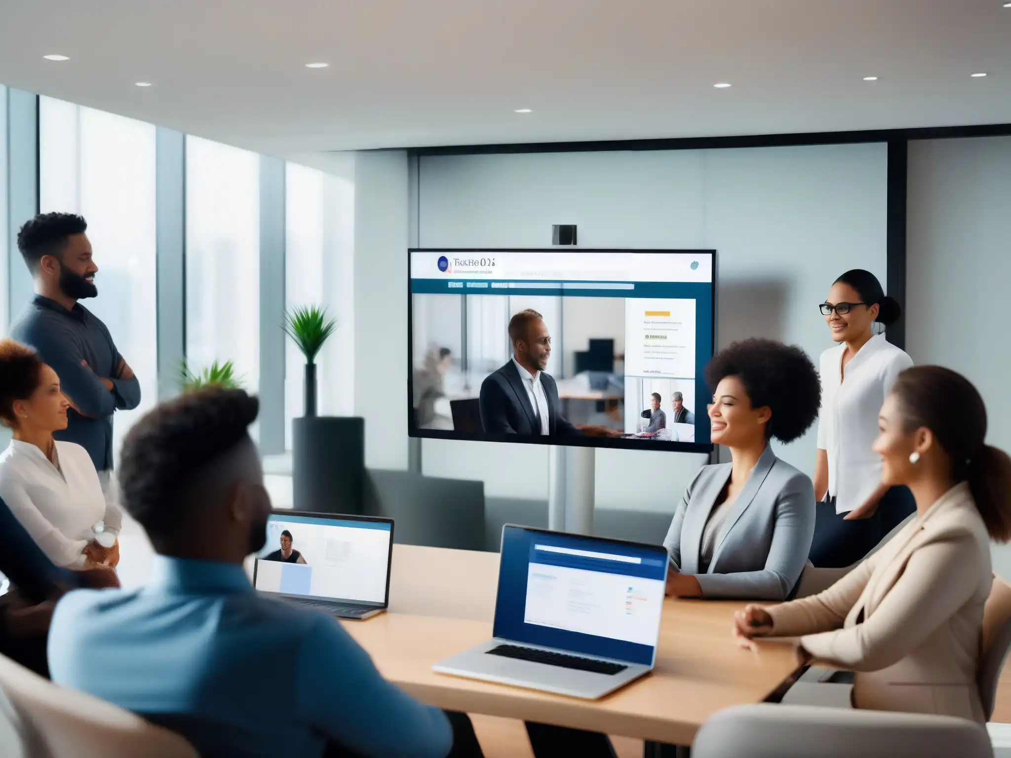 Profesionales colaborando en capacitación virtual Profesionales de diversos ámbitos colaboran en una sesión de formación virtual usando las herramientas de videoconferencia Intermedia AnyMeeting