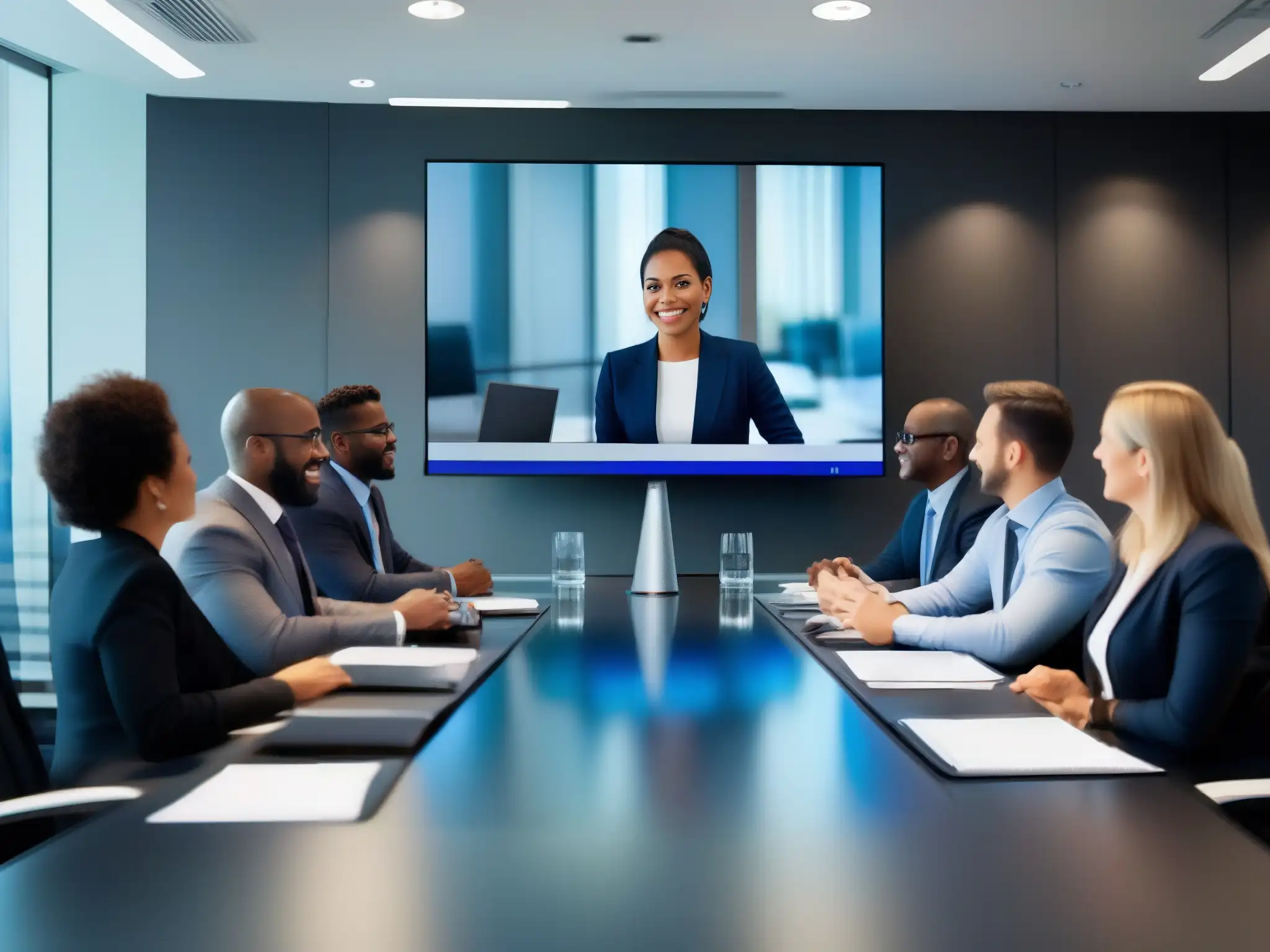 Videoconferencia interplataforma: Profesionales colaborando con entusiasmo Profesionales de diversos ámbitos colaboran en una videoconferencia fluida e interconectada, mostrando entusiasmo y enfoque