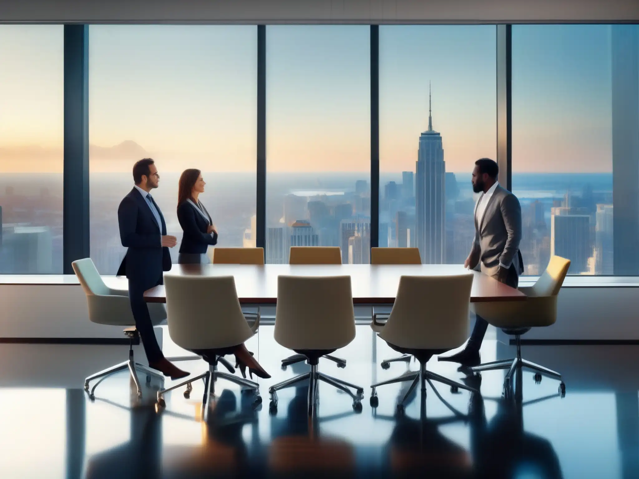 Reunión de negocios en oficina moderna Profesionales en animada reunión en moderna oficina con vista a la ciudad
