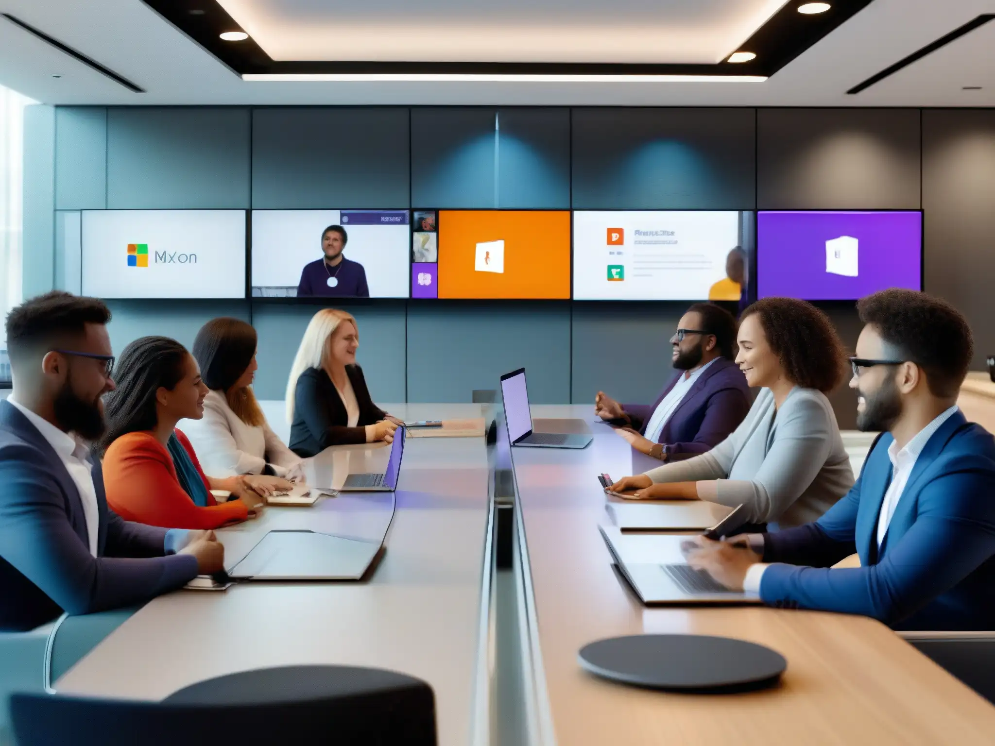 Competencia dinámica: Microsoft Teams vs Google Meet Profesionales en animadas discusiones en sala de reuniones virtual, destacando la competencia entre Microsoft Teams y Google Meet en herramientas videoconferencia comparativa competitiva