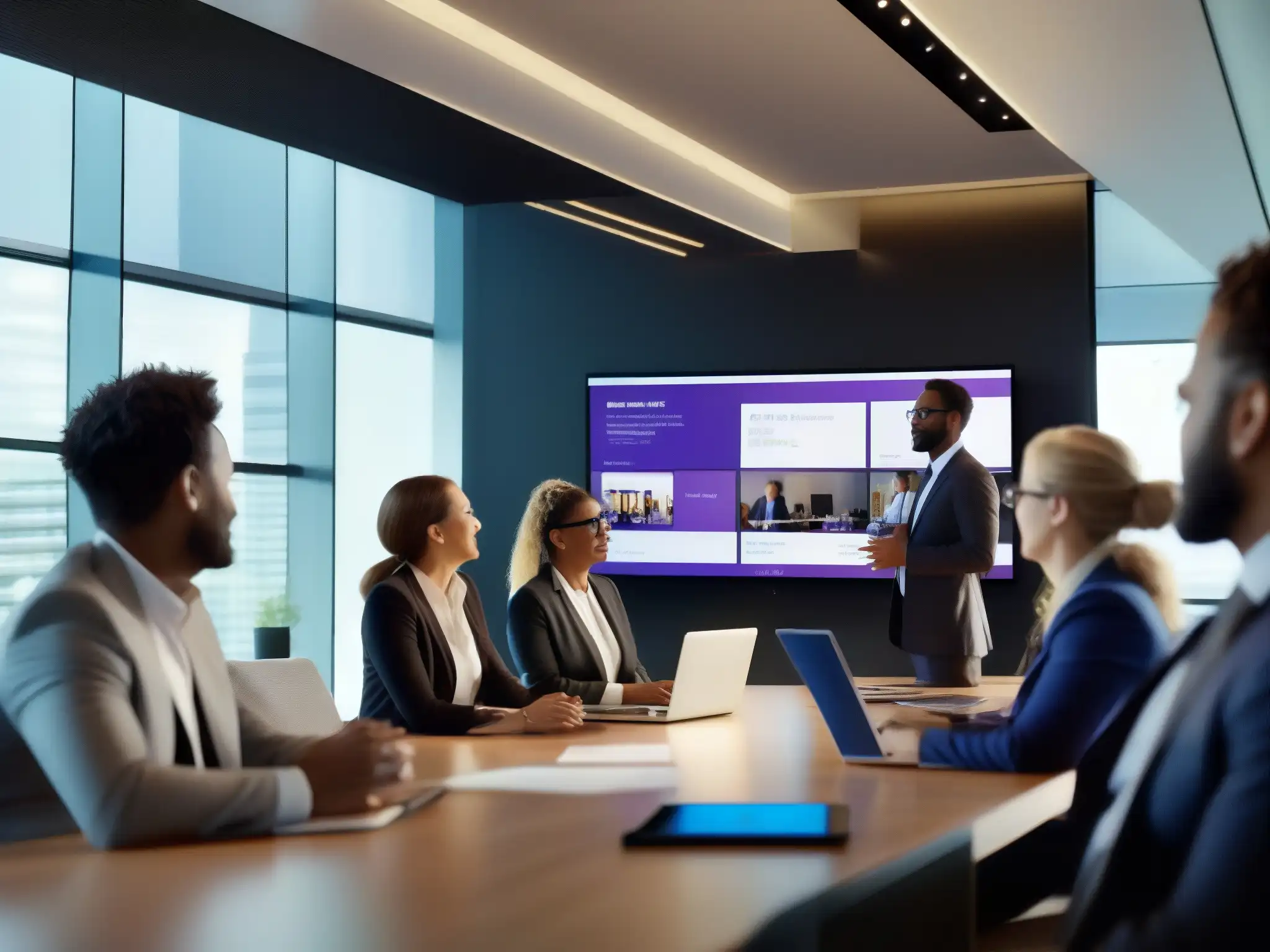 Profesionales en reunión con Microsoft Teams Live Event Profesionales participando en un animado Microsoft Teams Live Event para PYMES en una sala moderna y luminosa