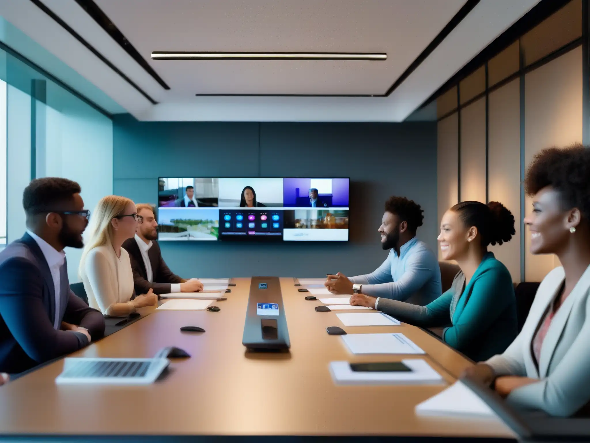 Reunión colaborativa de profesionales en oficina moderna Profesionales de diferentes áreas colaborando en una moderna oficina, con pantallas de videoconferencia y visualizaciones de datos