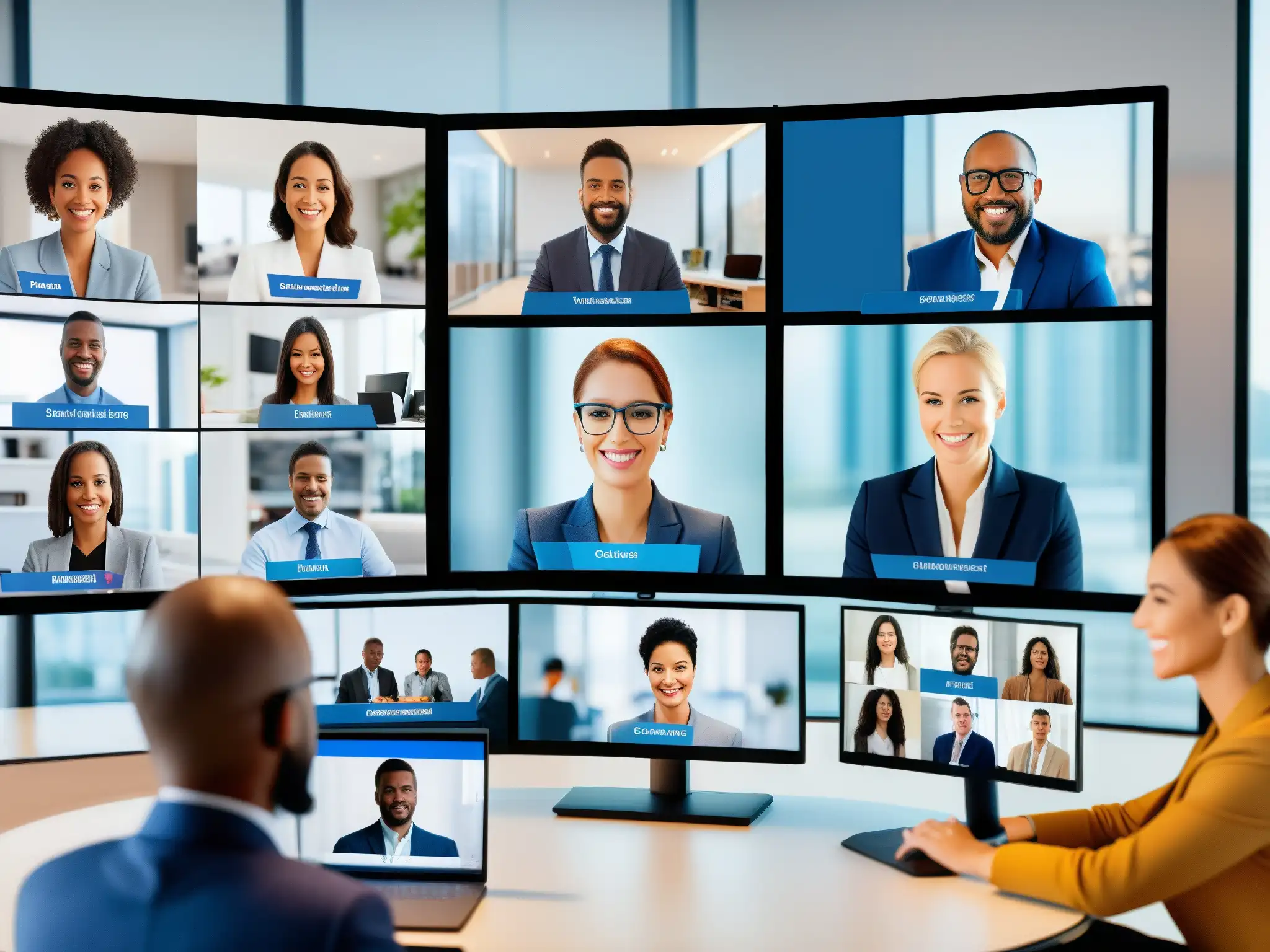 Profesionales diversificados en videoconferencia con tecnología moderna Profesionales de diversas áreas participando activamente en una videoconferencia, demostrando las funciones de automatización