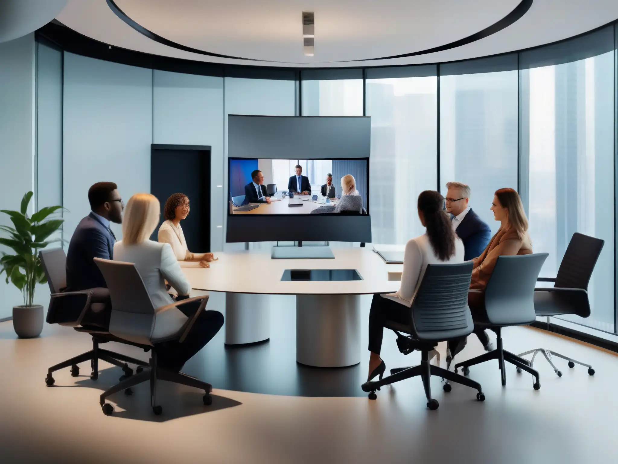 Profesionales en videoconferencia: colaboración y tecnología Profesionales de diversas áreas en una videoconferencia, resaltando la importancia de videoconferencias en atención omnicanal