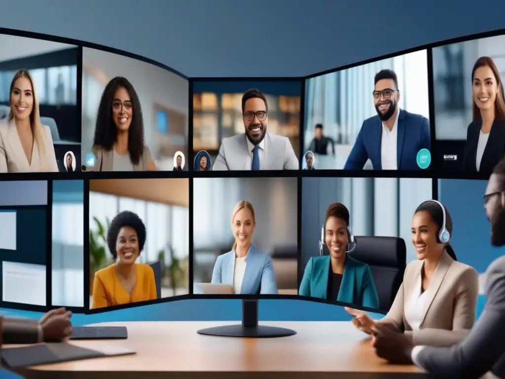 Videoconferencia inclusiva para profesionales: 8k detallado Profesionales de diversas áreas participan en una videoconferencia inclusiva