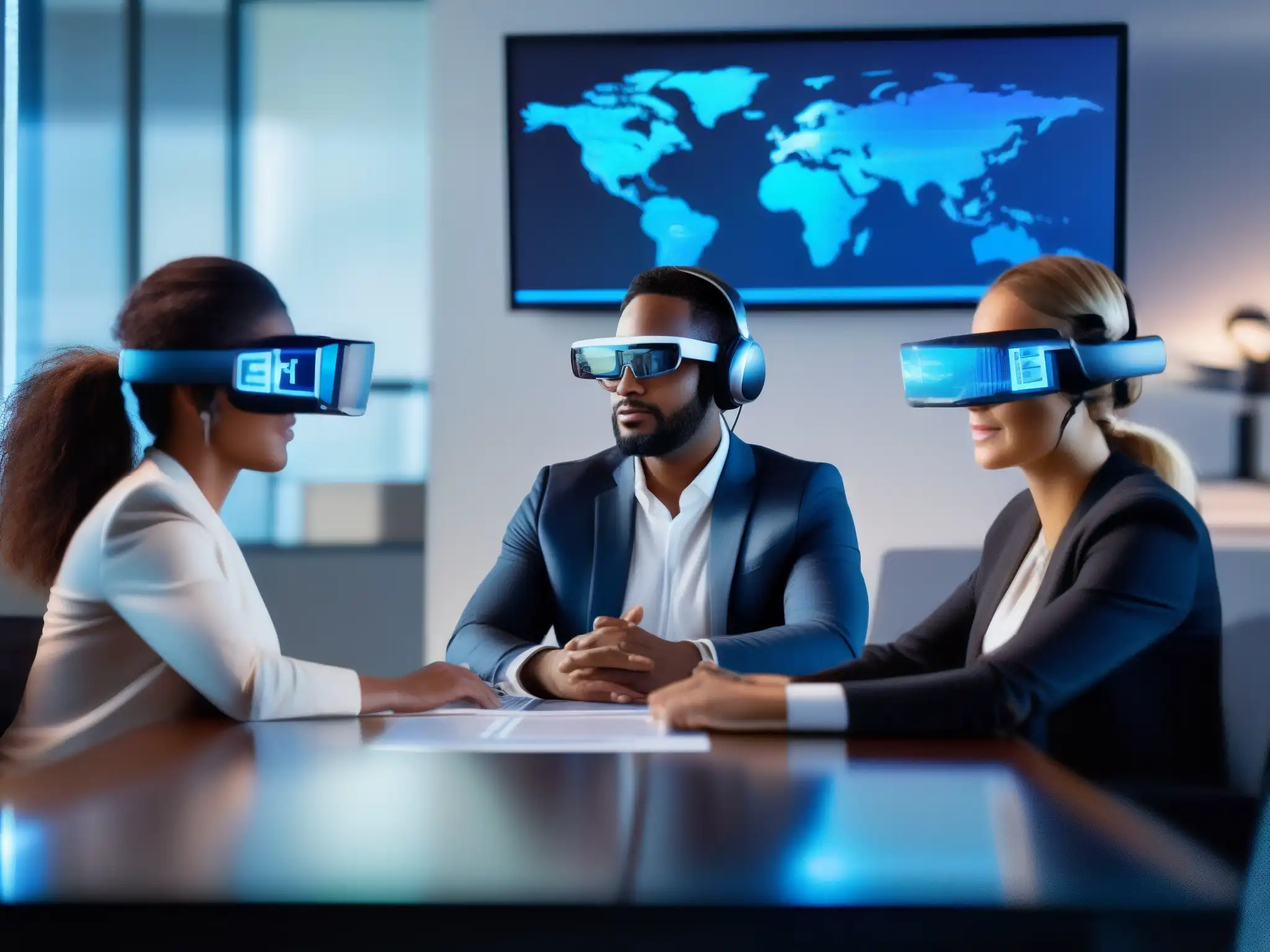 Profesionales con realidad aumentada en Microsoft Teams Profesionales con auriculares de realidad aumentada en reunión de Microsoft Teams