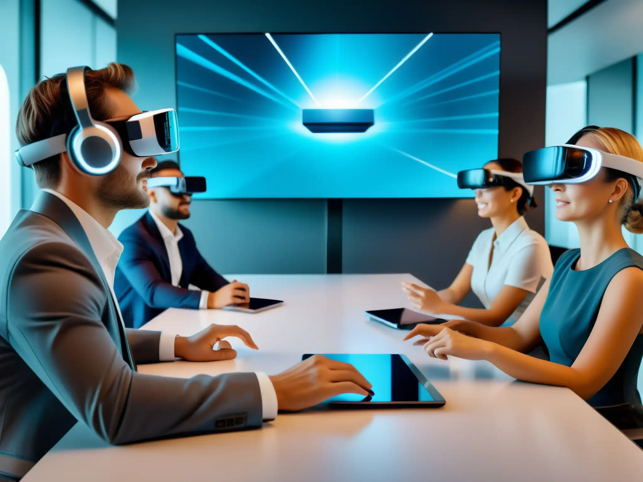 Reunión virtual con hologramas en 3D y AR Profesionales con auriculares de realidad aumentada en una videoconferencia con hologramas 3D