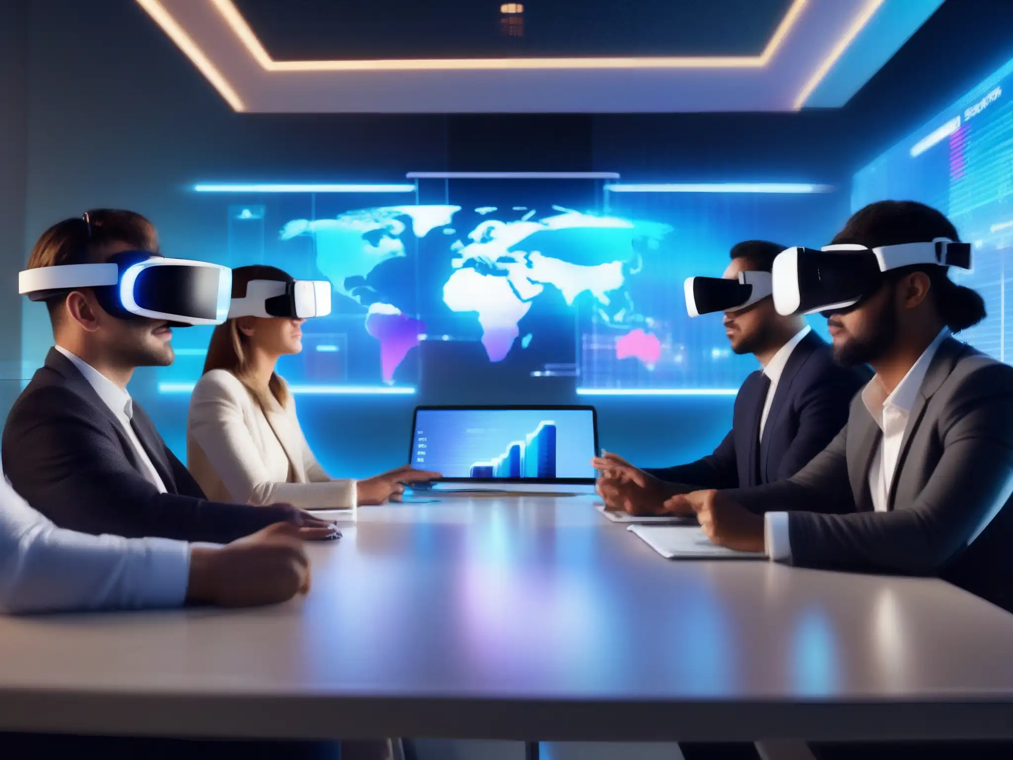 Reunión de profesionales con realidad virtual y gráficos 3D Profesionales con auriculares de realidad virtual en reunión de dinámica de grupo en videoconferencias con gráficos 3D flotantes