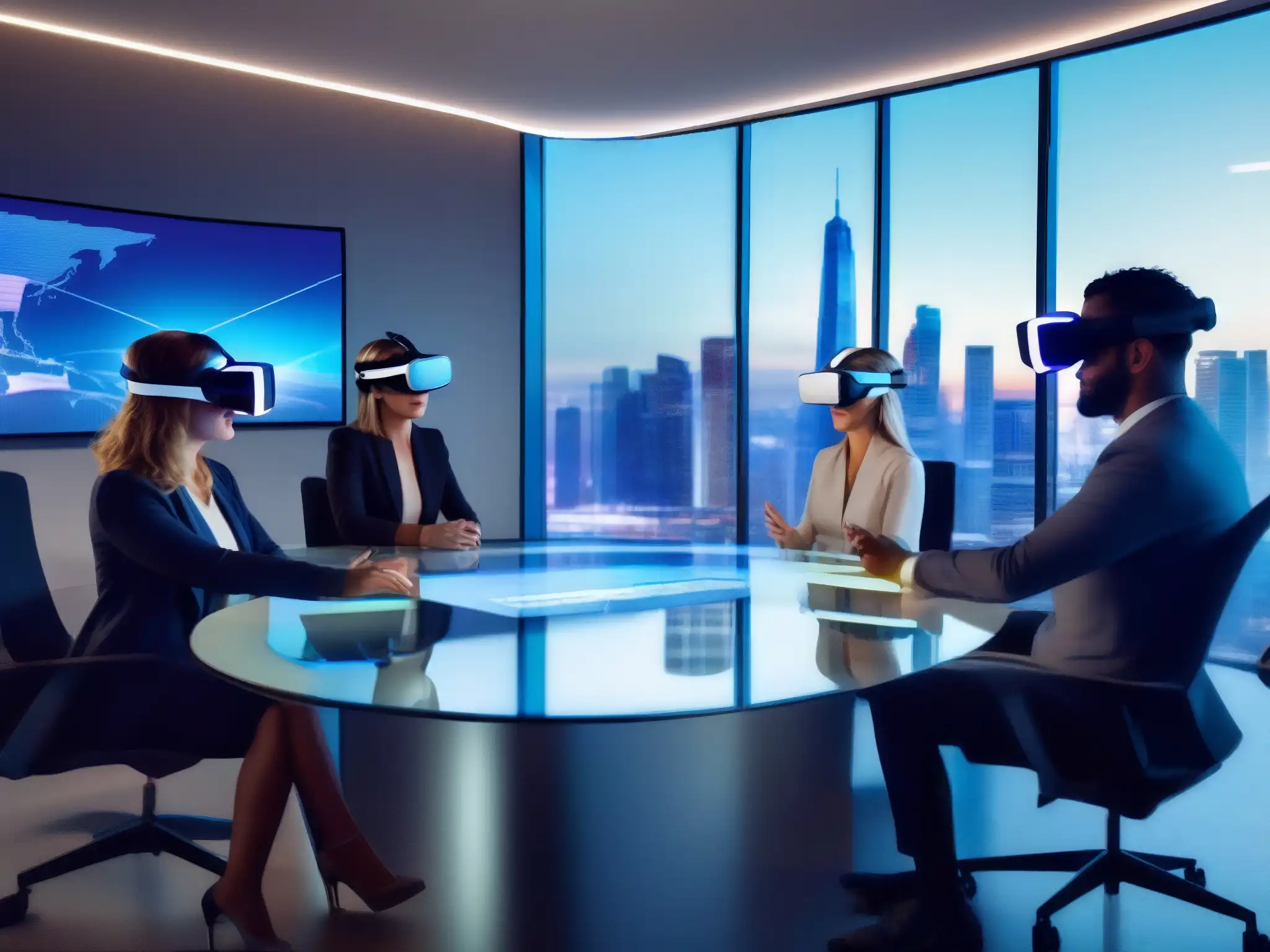 Profesionales en realidad virtual interactiva en conferencia futurista Profesionales usando auriculares de realidad virtual en una videoconferencia, interactuando con modelos 3D y gráficos digitales