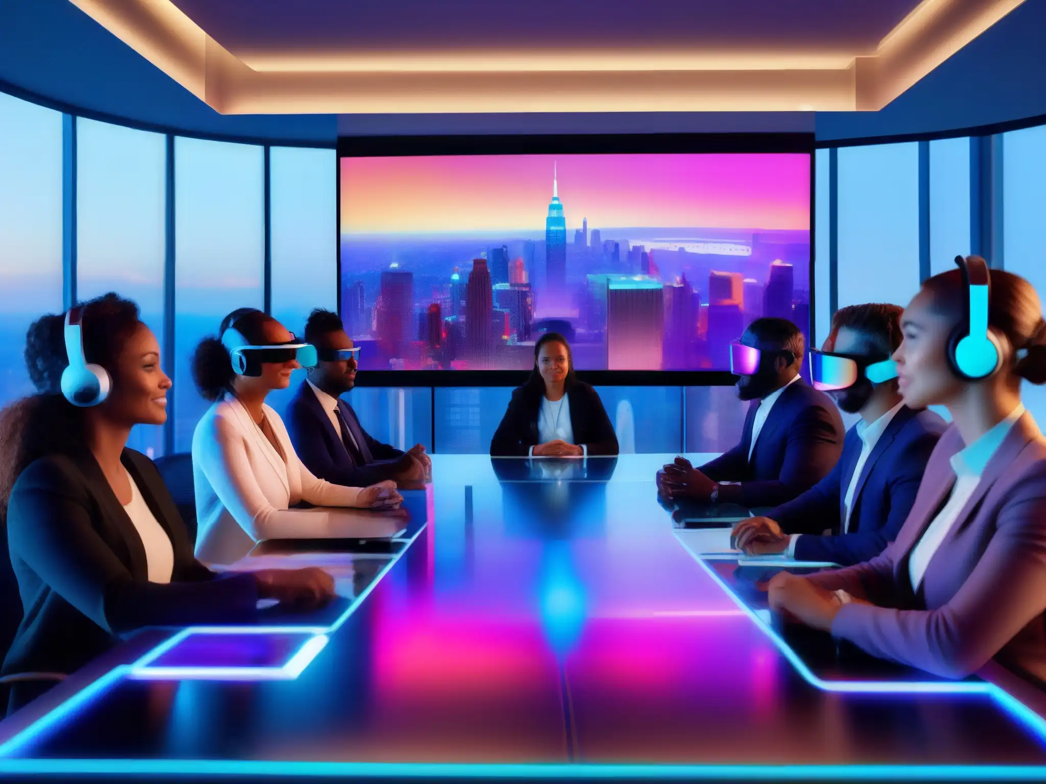 Conferencia global de profesionales en realidad virtual Profesionales usando avanzadas herramientas de videoconferencia en una sala futurista con vista a la ciudad