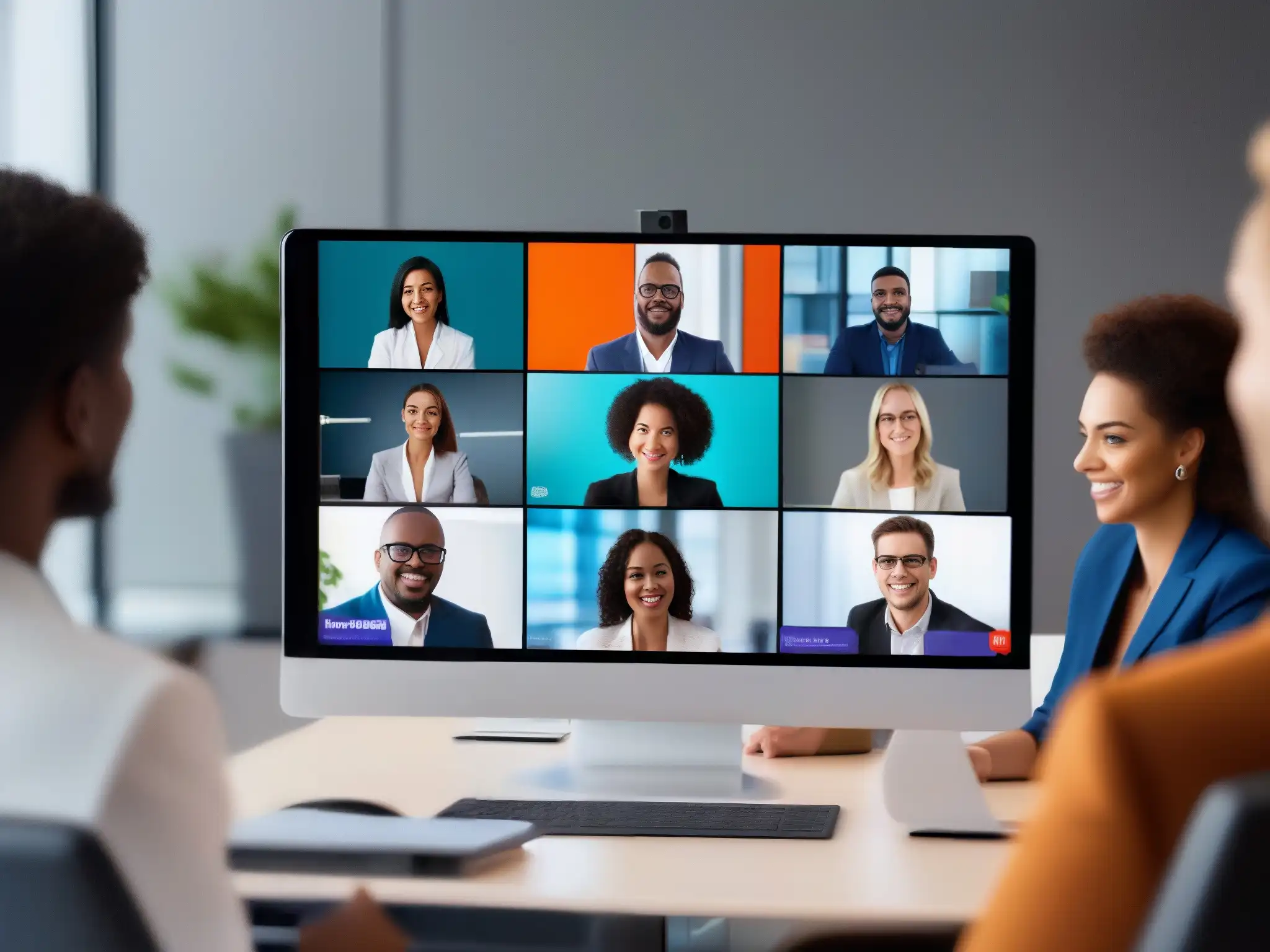 Profesionales comprometidos en entrenamiento virtual con Pexip Profesionales participan activamente en una capacitación virtual usando herramientas de videoconferencia para capacitación corporativa