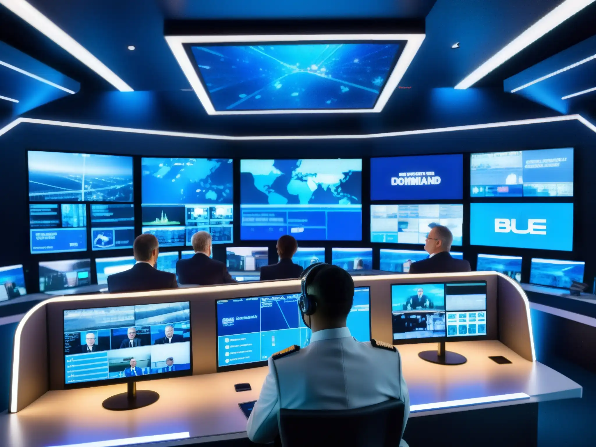 Centro de comando de alta tecnología con profesionales en acción Profesionales en un centro de mando de alta tecnología, con pantallas mostrando video en vivo de todo el mundo