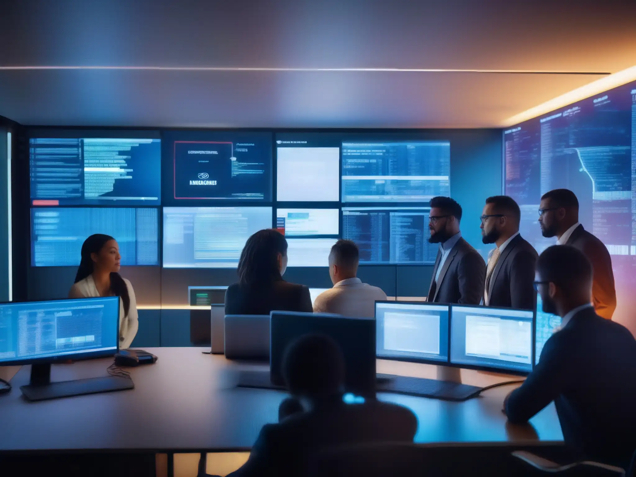 Equipo de expertos en ciberseguridad en acción Profesionales de ciberseguridad colaborando en una oficina moderna, analizando herramientas de videoconferencia comparativas en pantallas