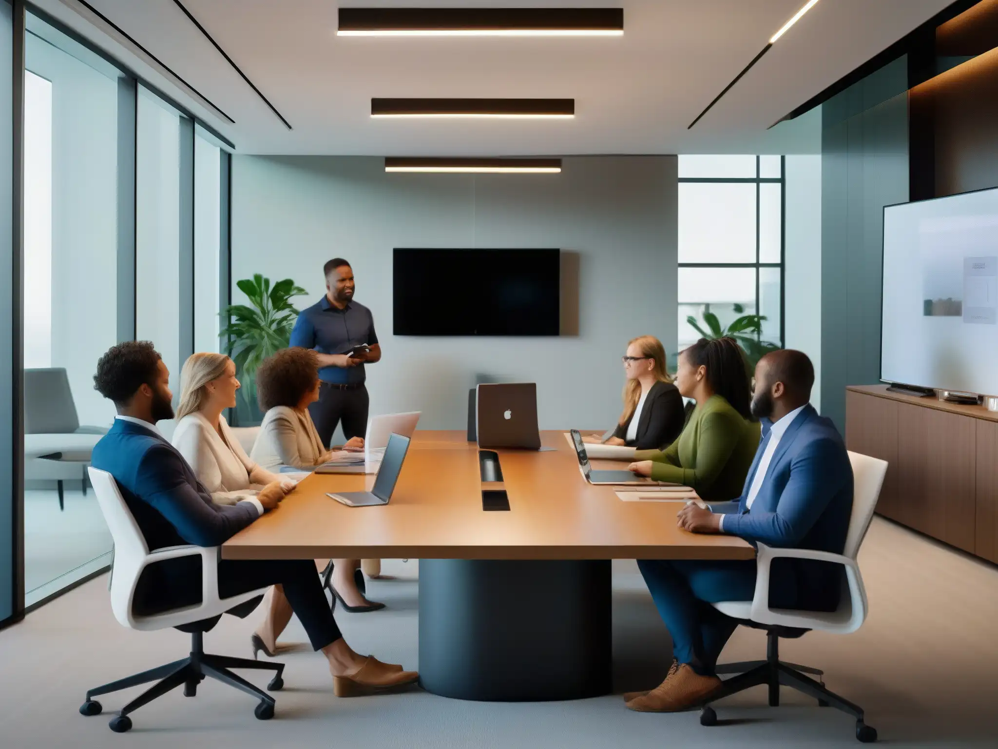 Profesionales modernos en videoconferencia con Amazon Chime Profesionales colaborativos en una moderna oficina, usando las funciones avanzadas de Amazon Chime para PYMES en una videoconferencia