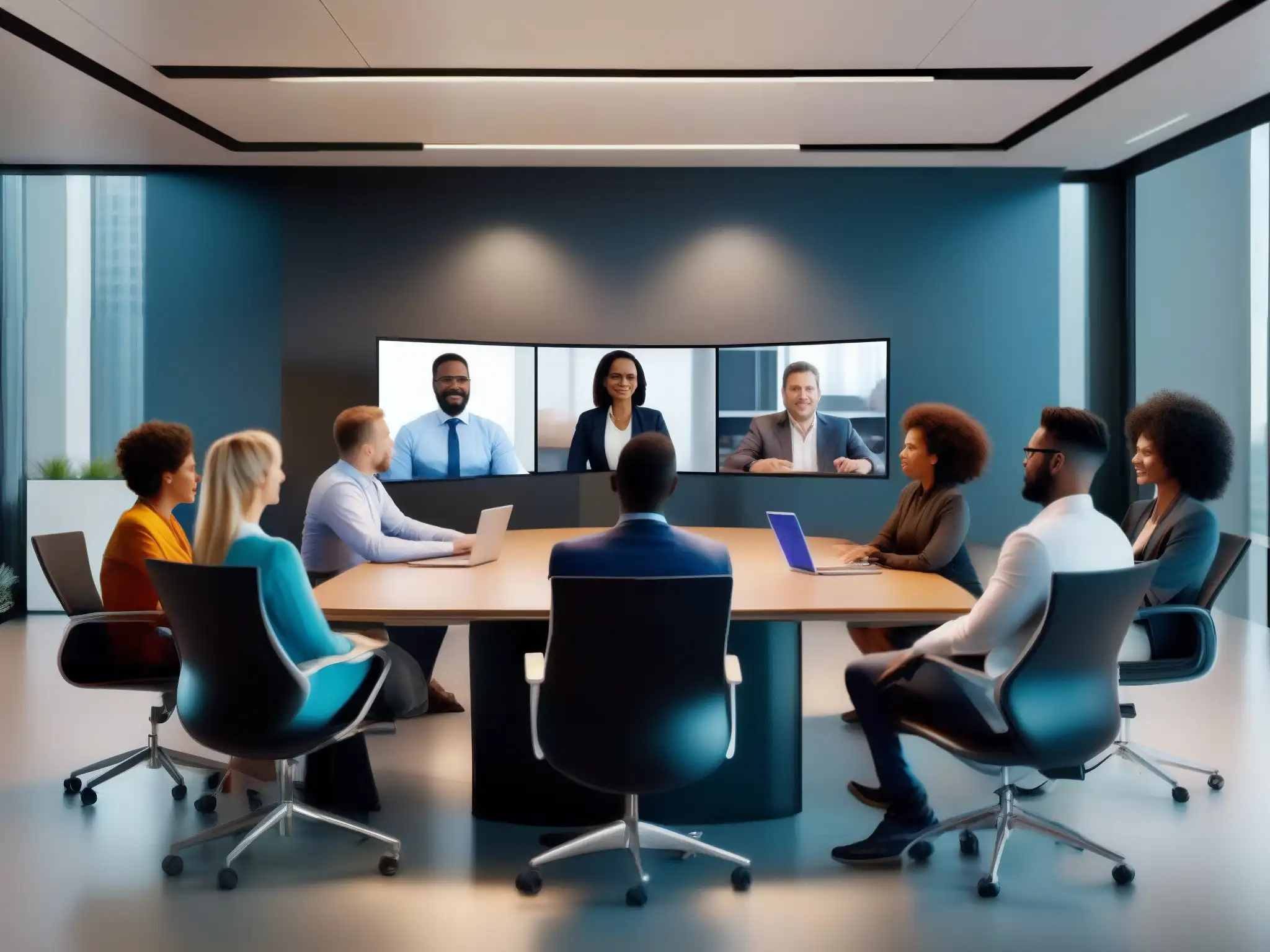 Equipo profesional diverso en videoconferencia dinámica Profesionales colaborativos en videoconferencia, simbolizando la funcionalidad de herramientas profesionales