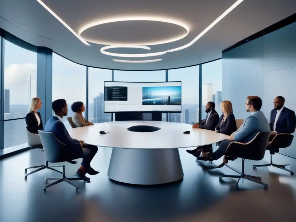 Reunión de profesionales en oficina tecnológica Profesionales colaborativos en videoconferencia en una oficina moderna