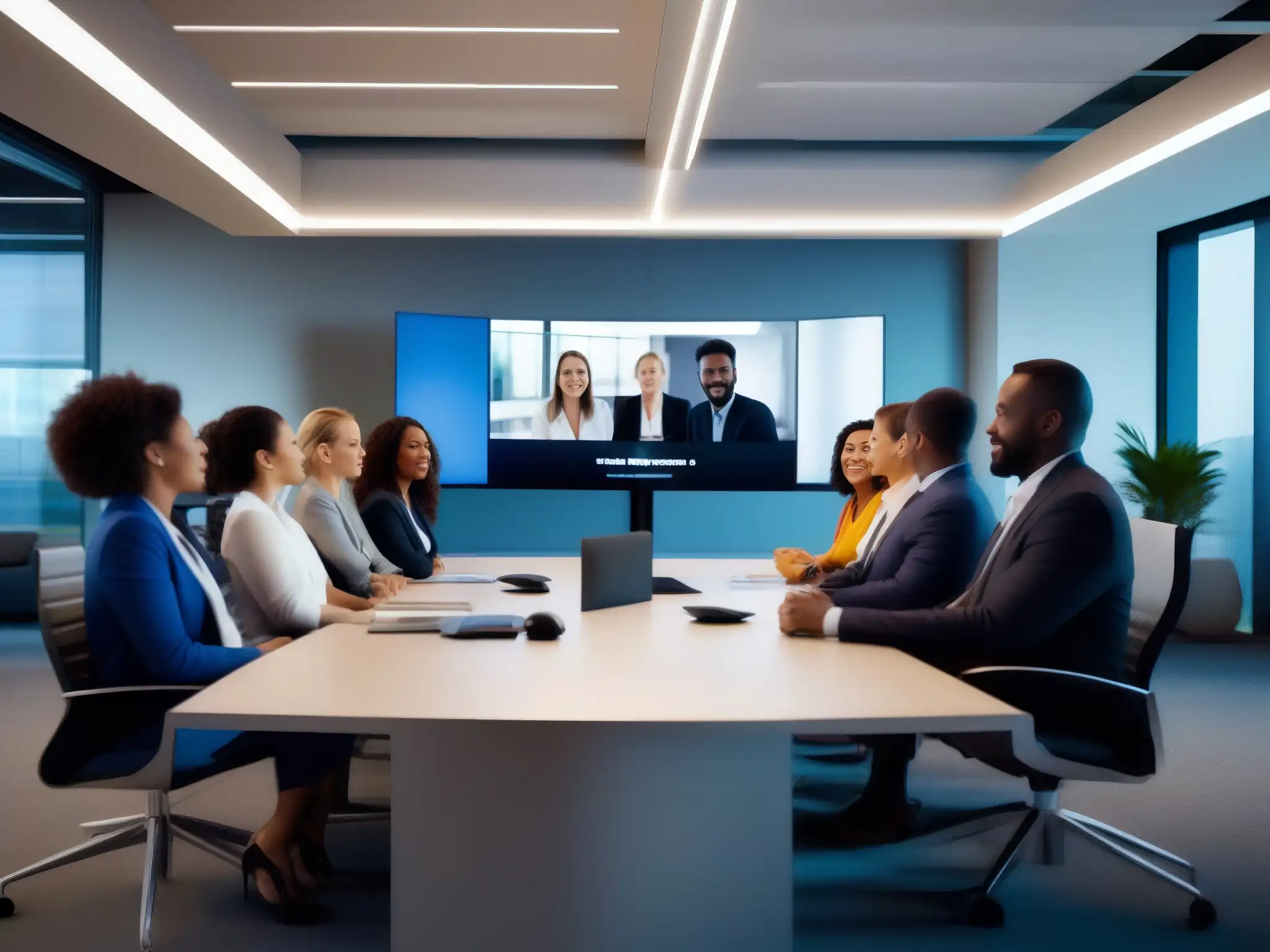 Videoconferencia profesional en oficina moderna Profesionales comprometidos en videoconferencia de alta calidad, garantizar transmisión estable videoconferencias