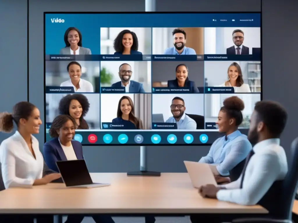 Videoconferencia profesional y moderna: conexión y compromiso Profesionales comprometidos en videoconferencia, destacando la eficiencia de plataformas