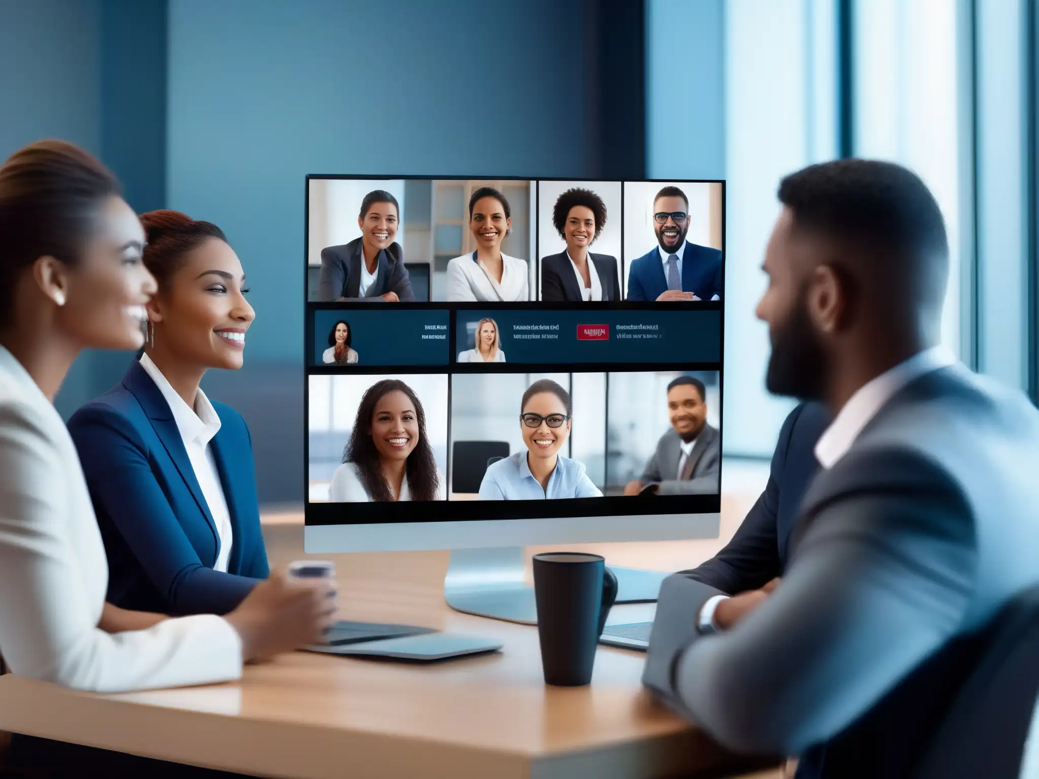 Videoconferencia profesional: enfoque y colaboración Profesionales comprometidos en videoconferencia, expresiones faciales y lenguaje corporal transmiten concentración y compromiso