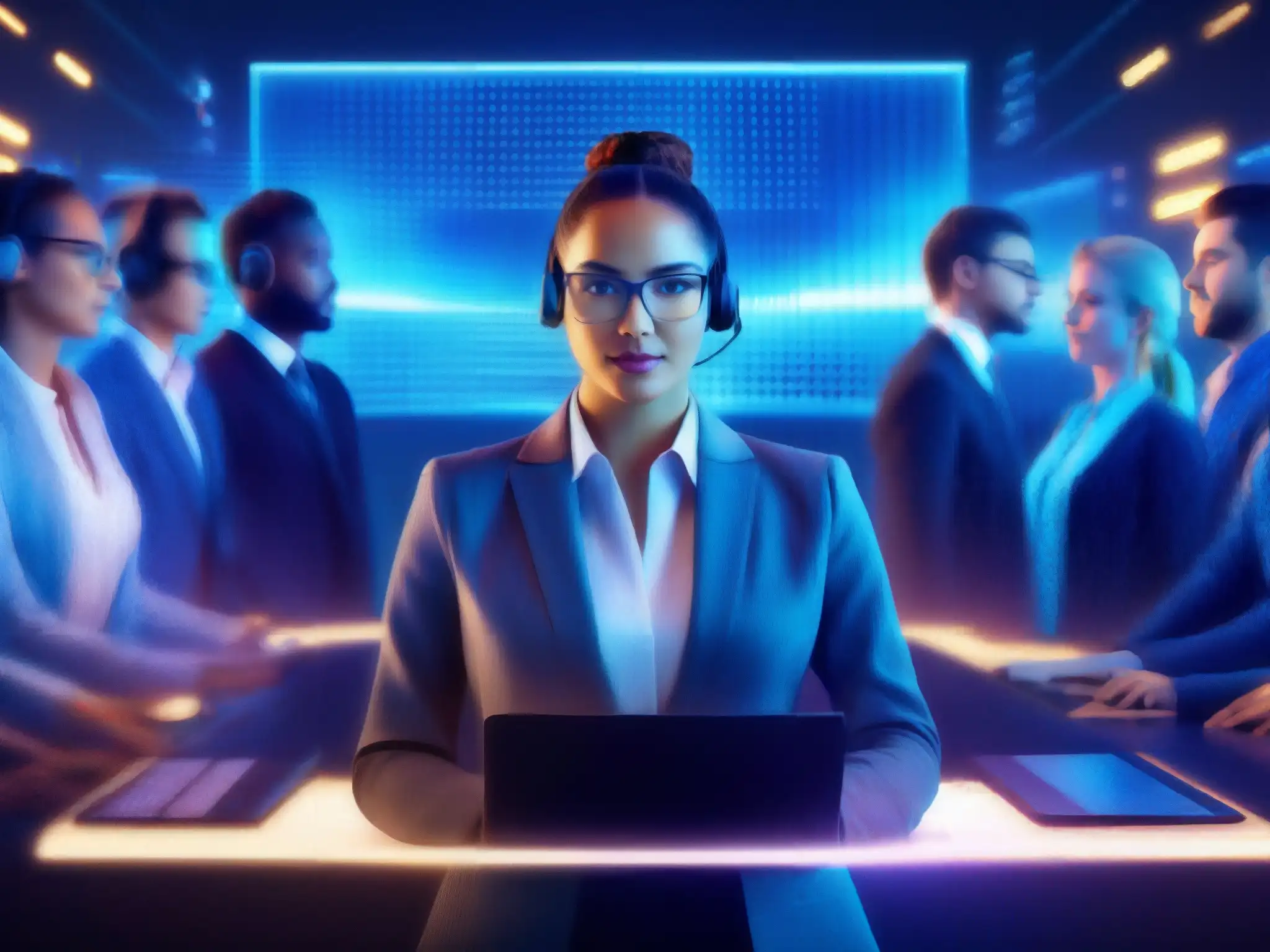 Conferencia blockchain: seguridad innovadora en video llamadas Profesionales conectados en videoconferencia, sus rostros pixelados simbolizan la seguridad en videoconferencias con Blockchain