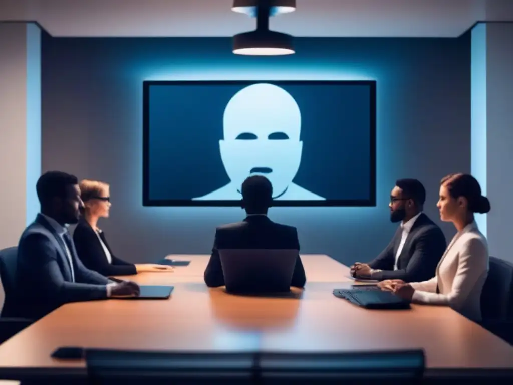 Videoconferencia de profesionales con hacker en la sombra Profesionales en conferencia virtual comparan ataques hackers, con silueta ominosa al fondo