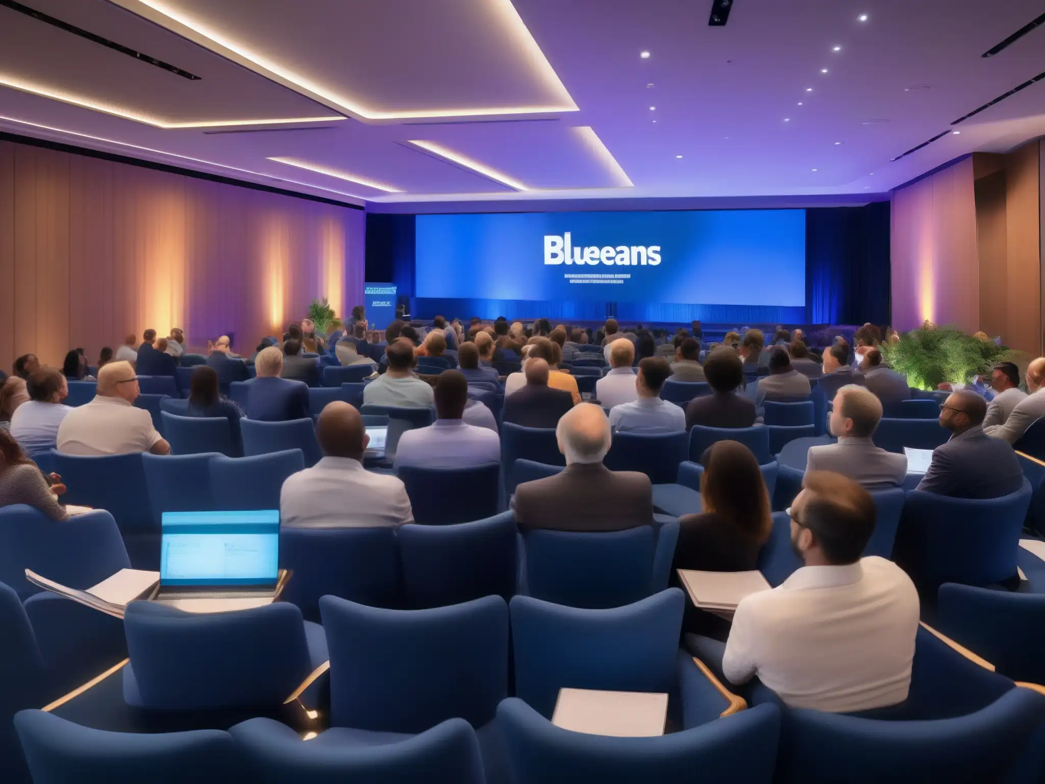 Conferencia virtual: networking y colaboración en BlueJeans Profesionales participan en una conferencia virtual de gran escala de BlueJeans, con un ambiente vibrante y tecnología de vanguardia