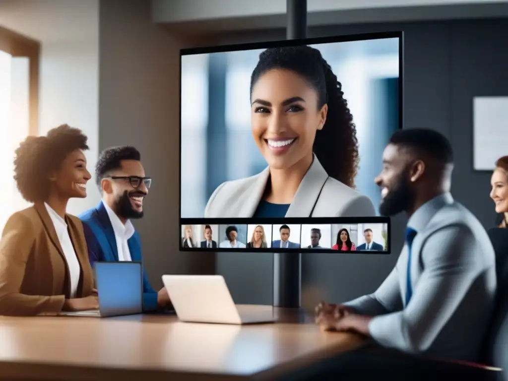 Videoconferencia segura y profesional con diversidad de participantes Profesionales confiados participan en una videoconferencia segura y encriptada