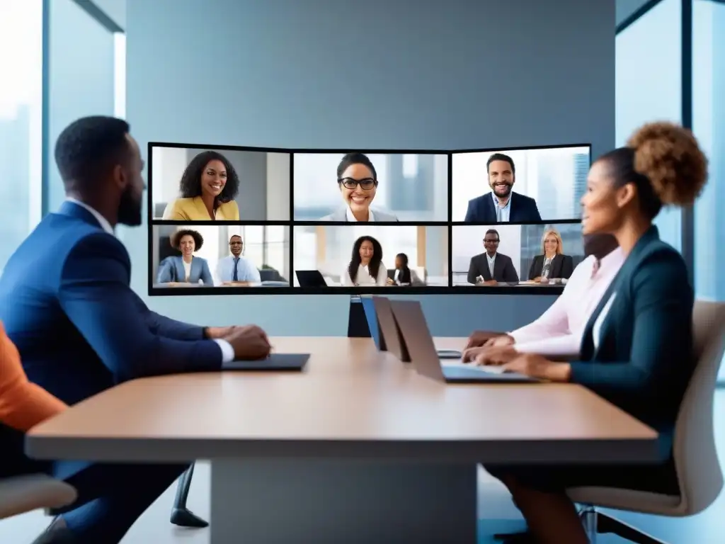 Reunión virtual de profesionales comprometidos en la colaboración Profesionales participando con confianza en una videoconferencia, reflejando los beneficios de videoconferencias en equipos