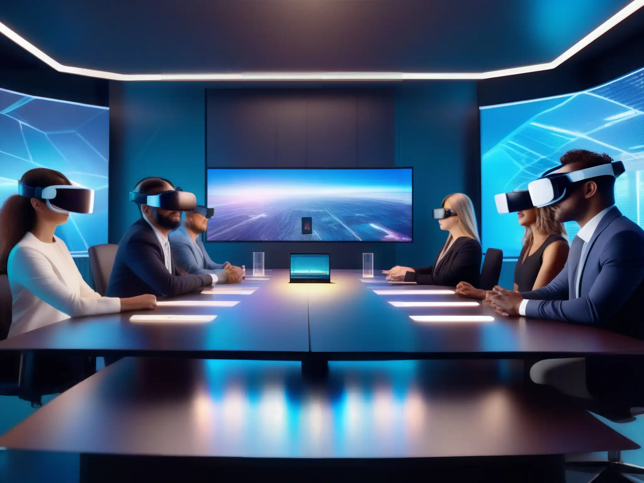 Conferencia virtual profesional en 8K con VR Profesionales en configuración entorno realidad virtual videoconferencias, colaborando en entorno futurista con hologramas y mobiliario moderno