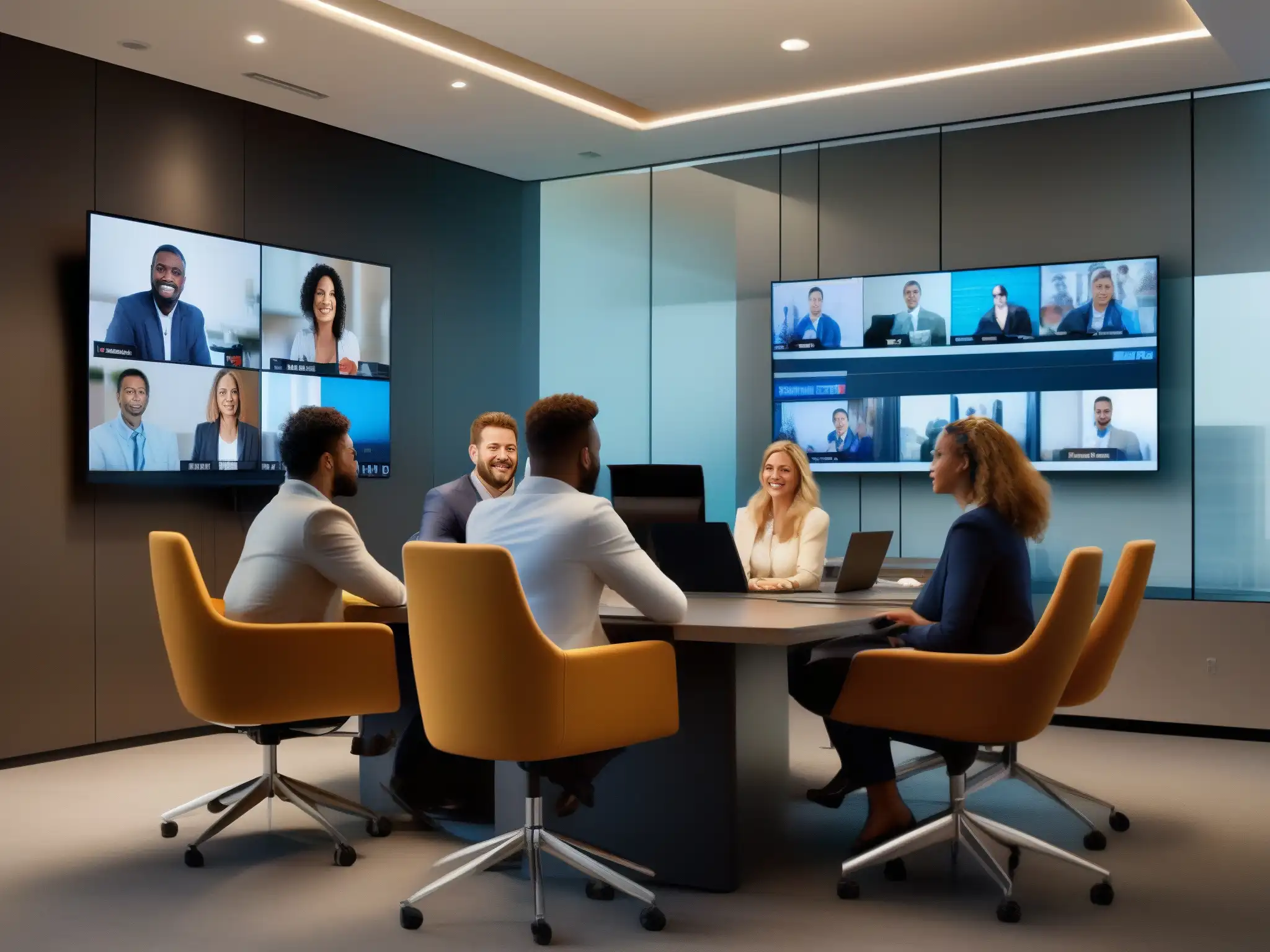 Integración perfecta: Videoconferencia y redes sociales en la oficina Profesionales compartiendo contenido de videoconferencias en redes sociales en una moderna sala de conferencias