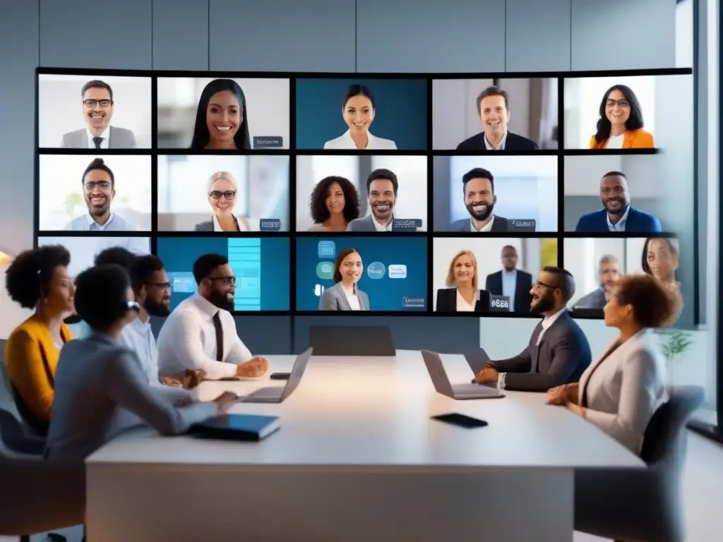 Videoconferencia multilingüe: Profesionales en comunicación global Profesionales de diversas culturas usan herramientas de videoconferencia con traducción en tiempo real, creando un ambiente inclusivo y profesional