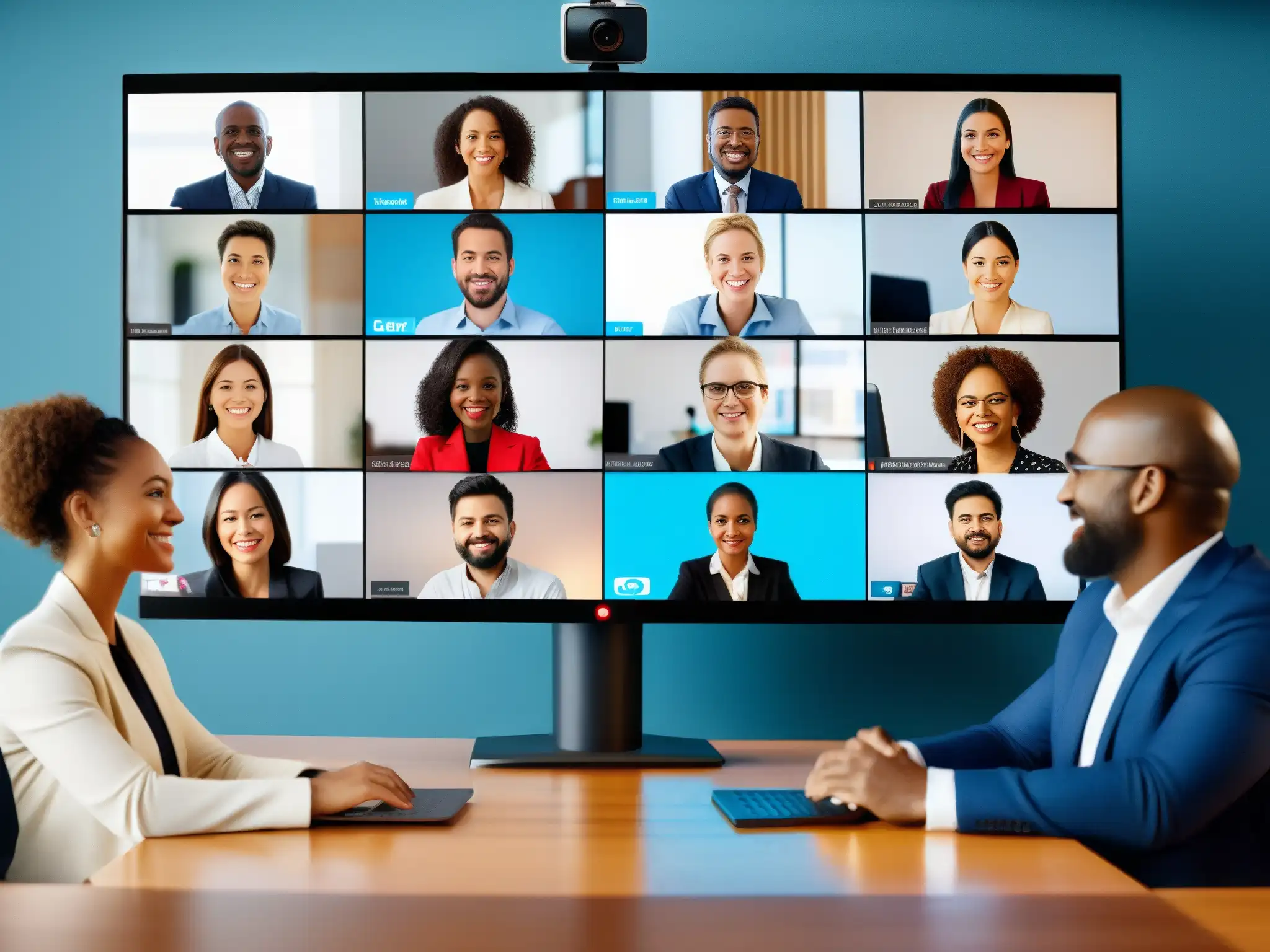 Conferencia mundial en Skype: diversidad cultural y colaboración Profesionales de diversas culturas usan Skype en una videoconferencia 8k, destacando la adaptabilidad de la interfaz a diferentes idiomas y culturas