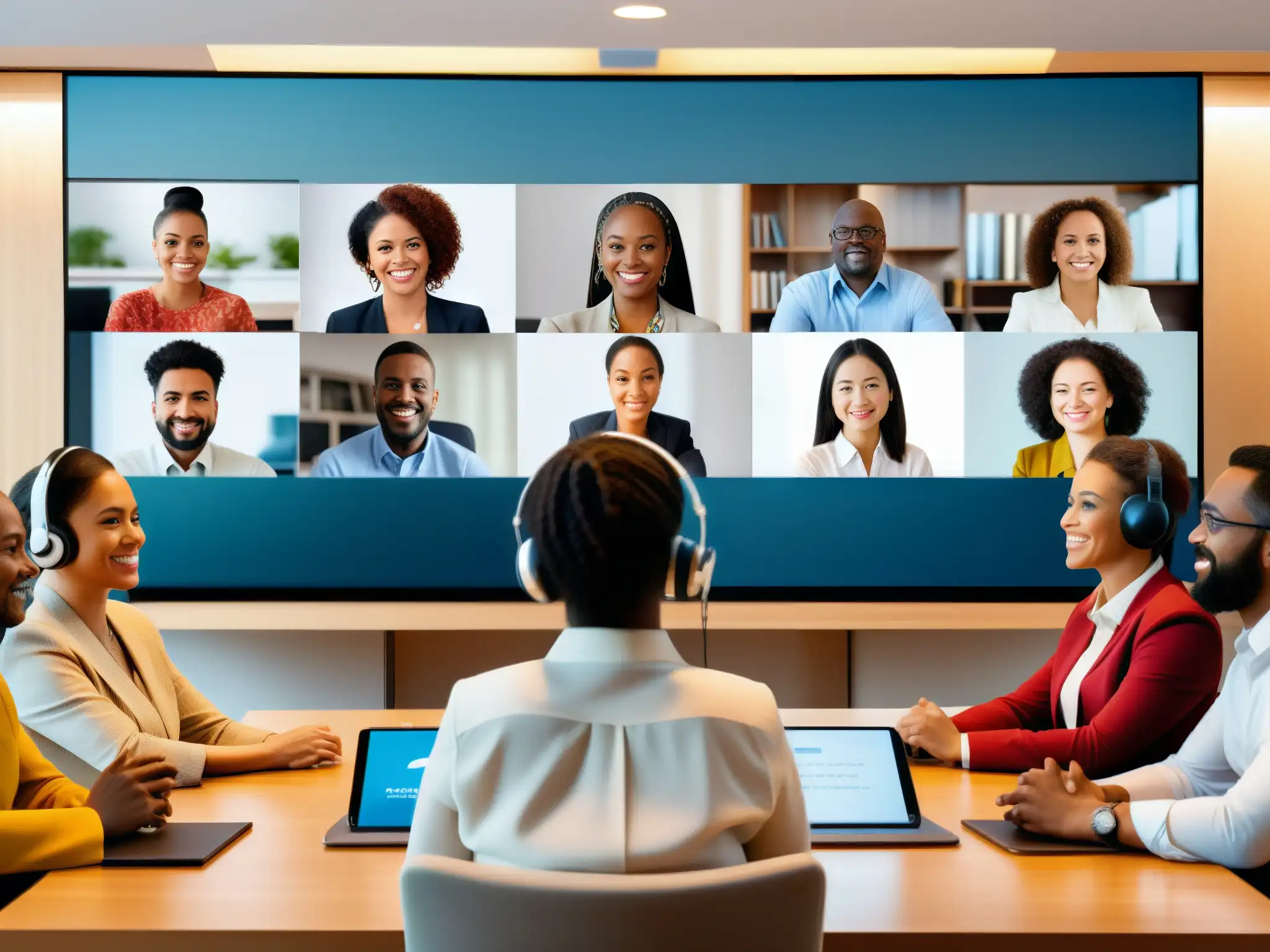 Videoconferencia multicultural de profesionales en 8k Profesionales de diversas culturas participan en videoconferencia, mostrando adaptación cultural