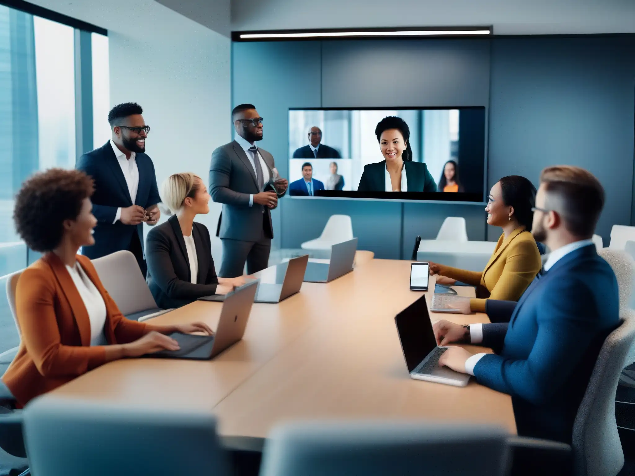 Videoconferencia profesional multicultural Profesionales de diversas culturas en videoconferencia global con adaptación cultural, tecnología moderna y colaboración profesional