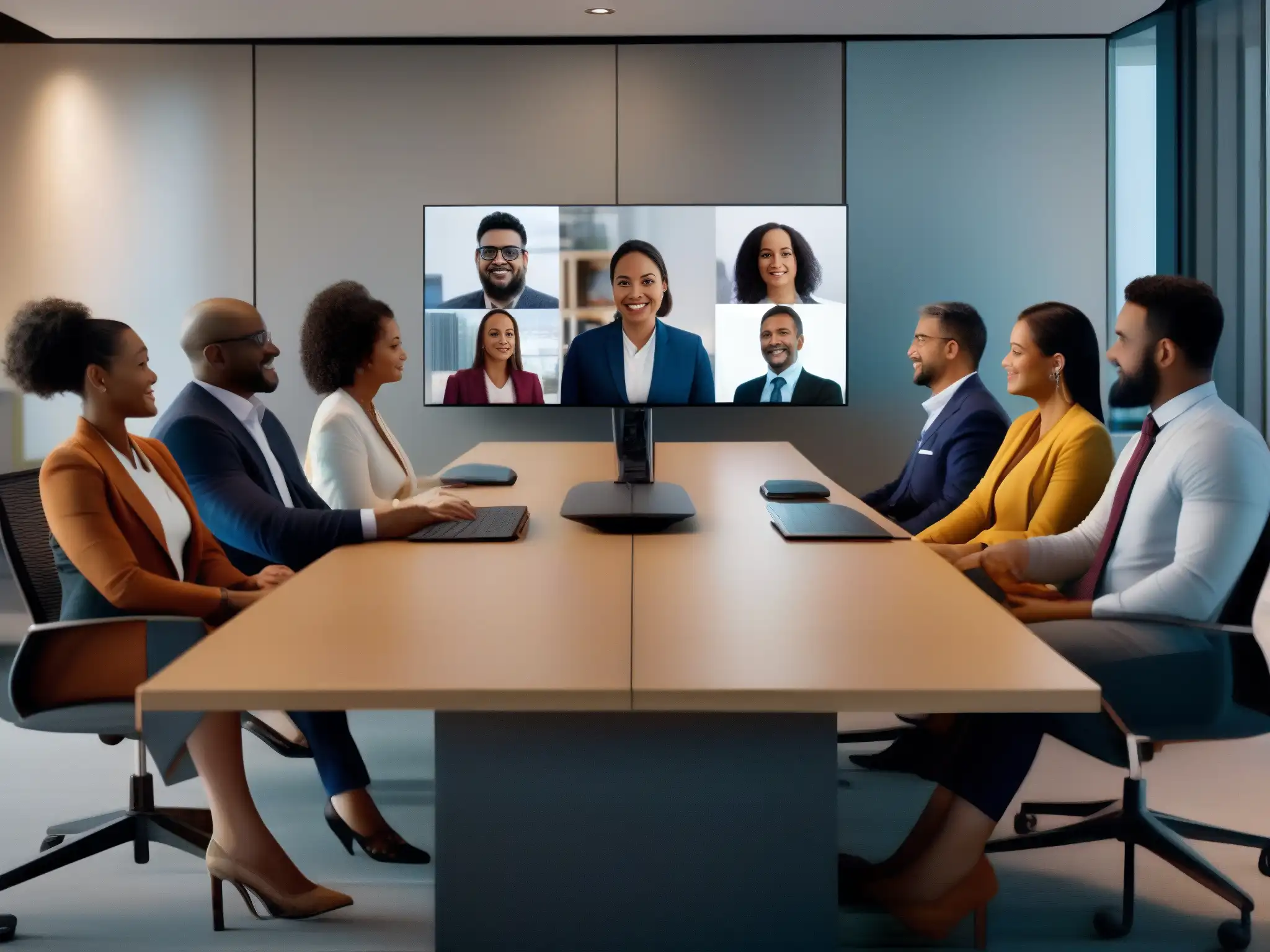 Videoconferencia global: diversidad cultural en el trabajo Profesionales de diferentes culturas en videoconferencia global con adaptación cultural