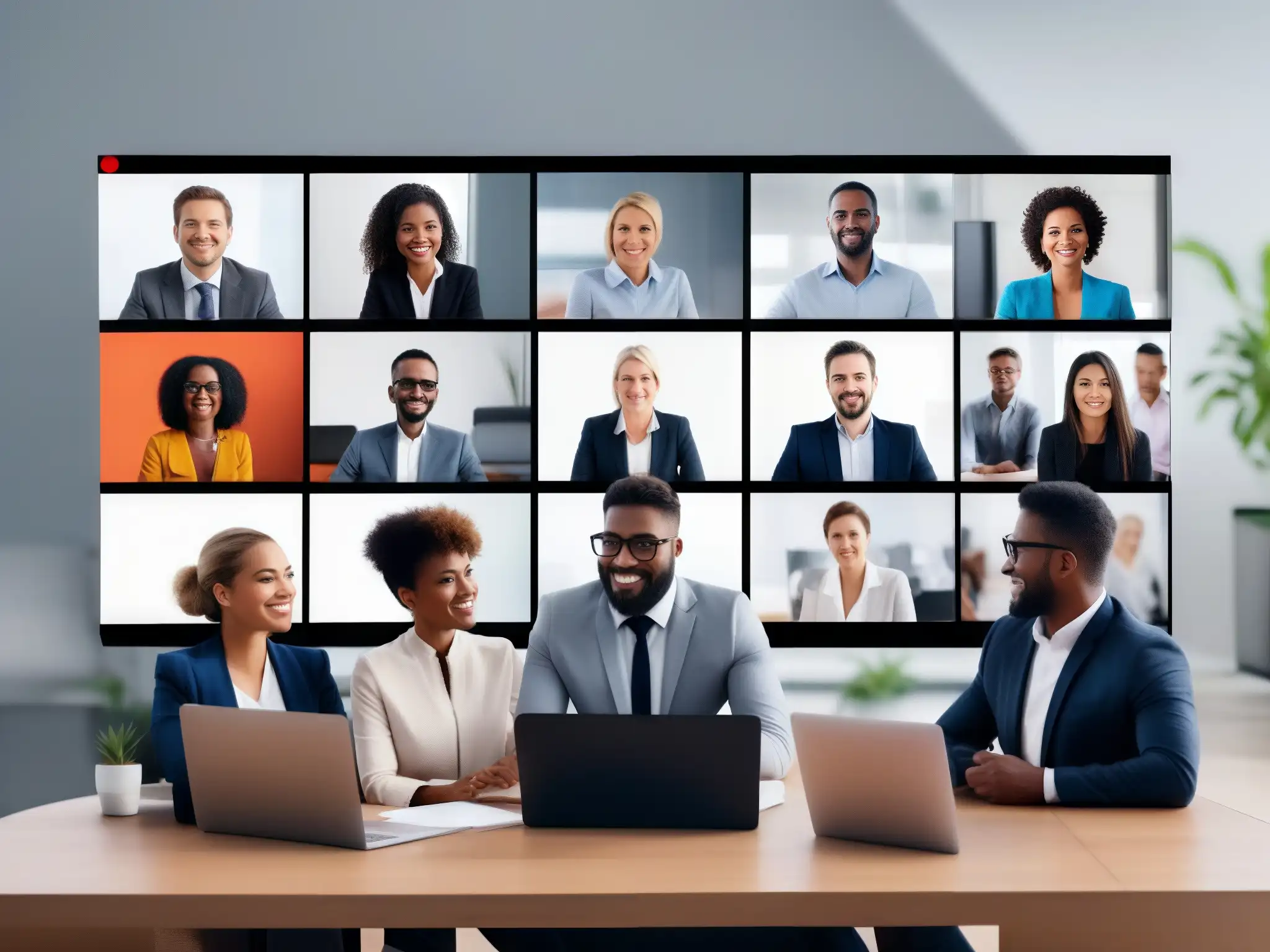 Profesionales en videoconferencia: expresiones y gestos Profesionales de diferentes culturas se comunican en videoconferencia, destacando la importancia de la comunicación no verbal en reuniones virtuales