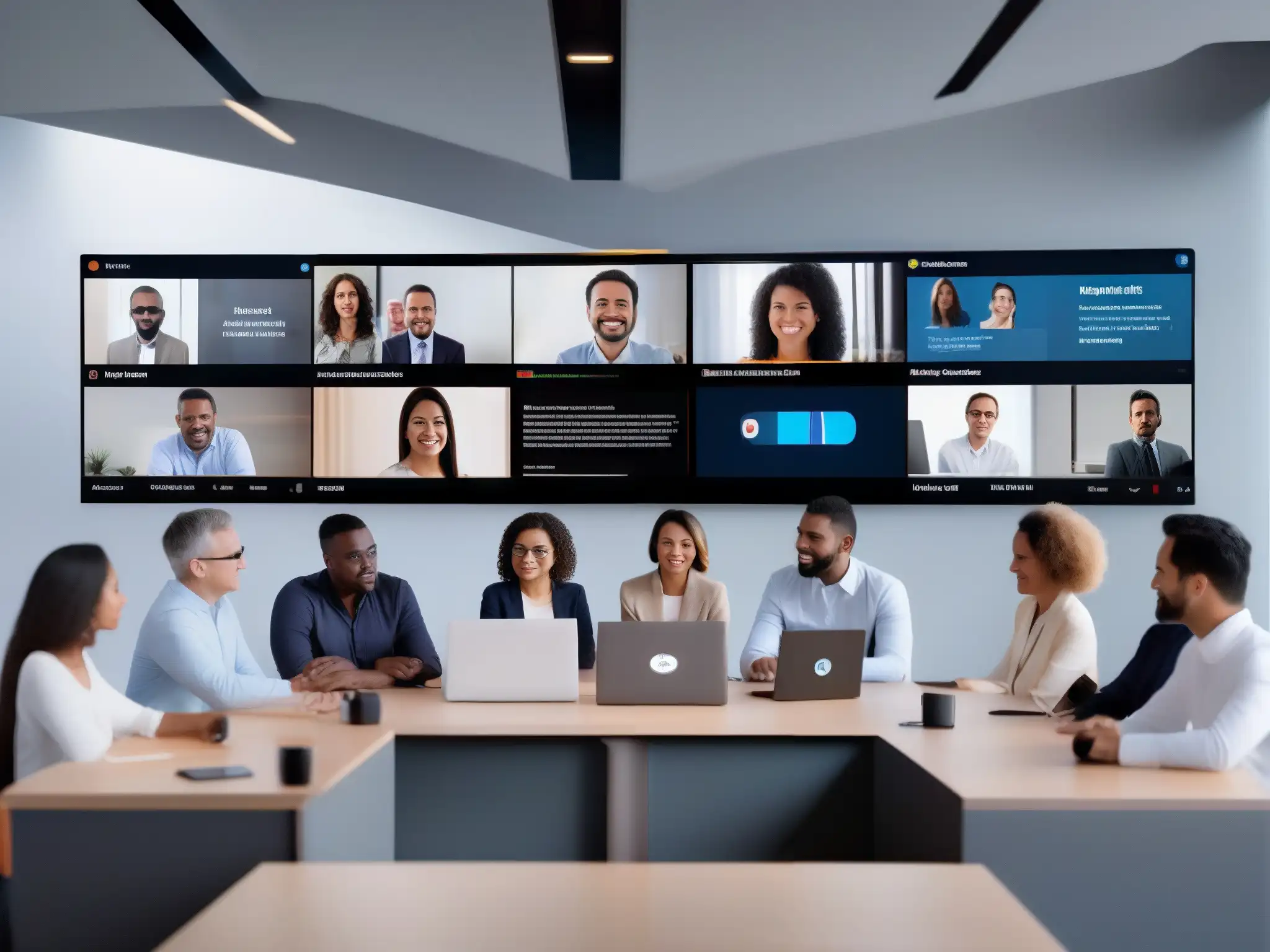 Videoconferencia AI: Traducción en tiempo real para diversidad global Profesionales de diversas culturas en videoconferencia con IA para traducción e integración multilingüe