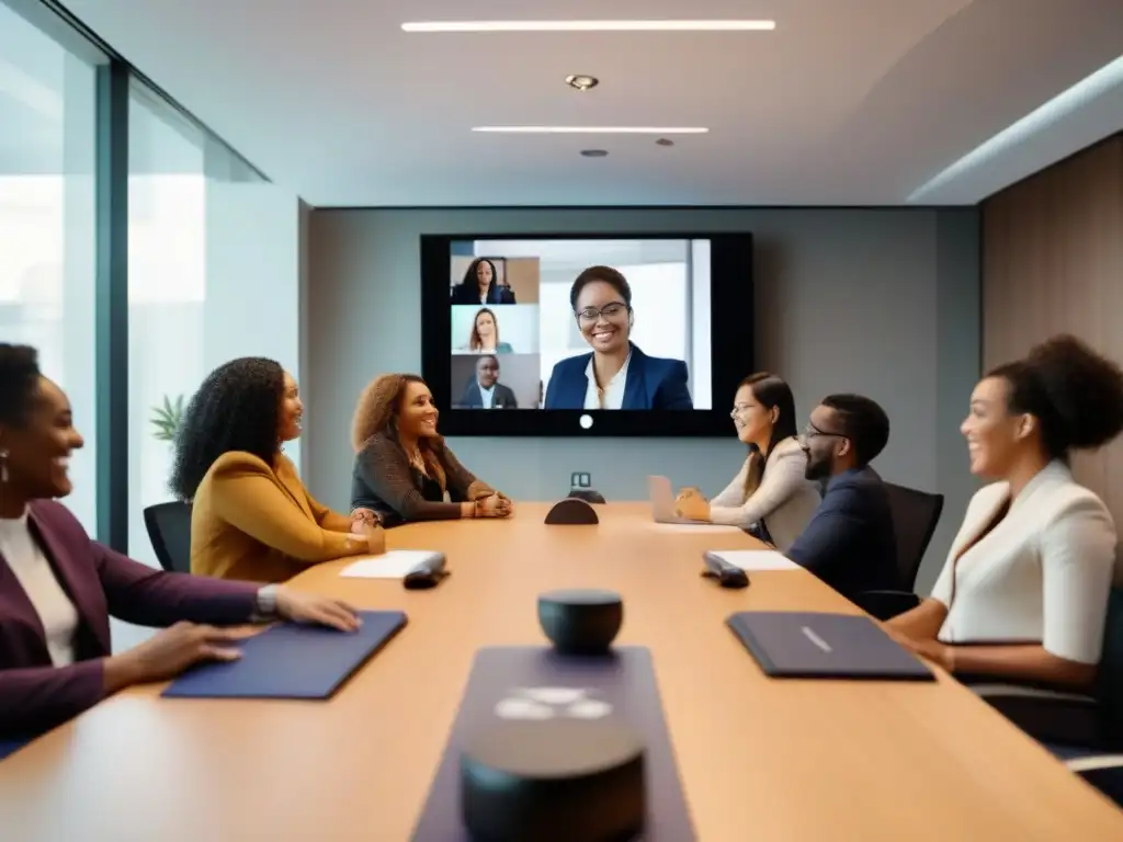 Reunión multicultural en sala luminosa: comunicación efectiva con Viber Profesionales de diferentes culturas se reúnen en una videoconferencia vía Viber