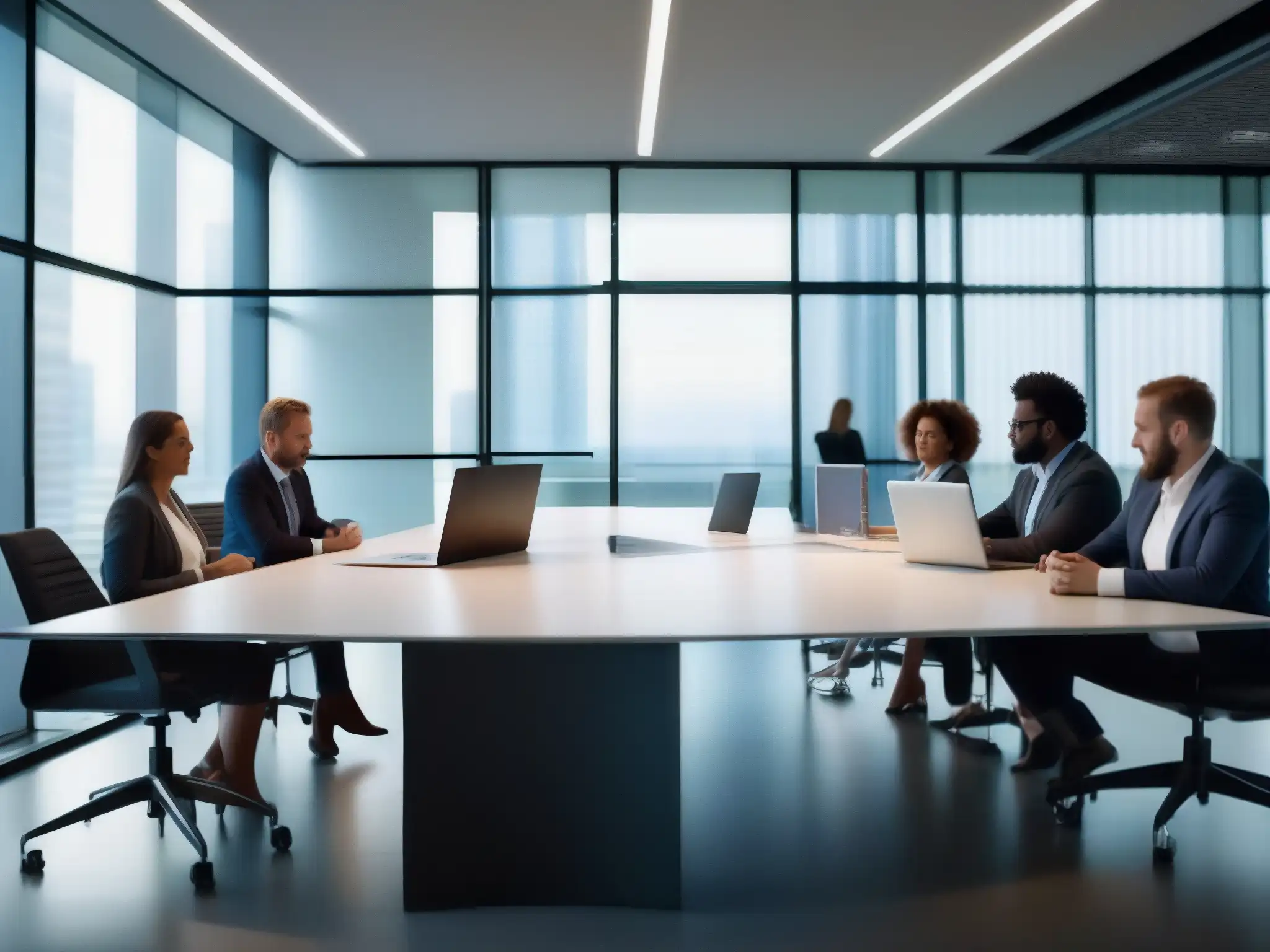 Profesionales seguros intercambiando datos en postreunión Profesionales intercambian datos y documentos de forma segura en una reunión postevento, destacando la seguridad en videoconferencias