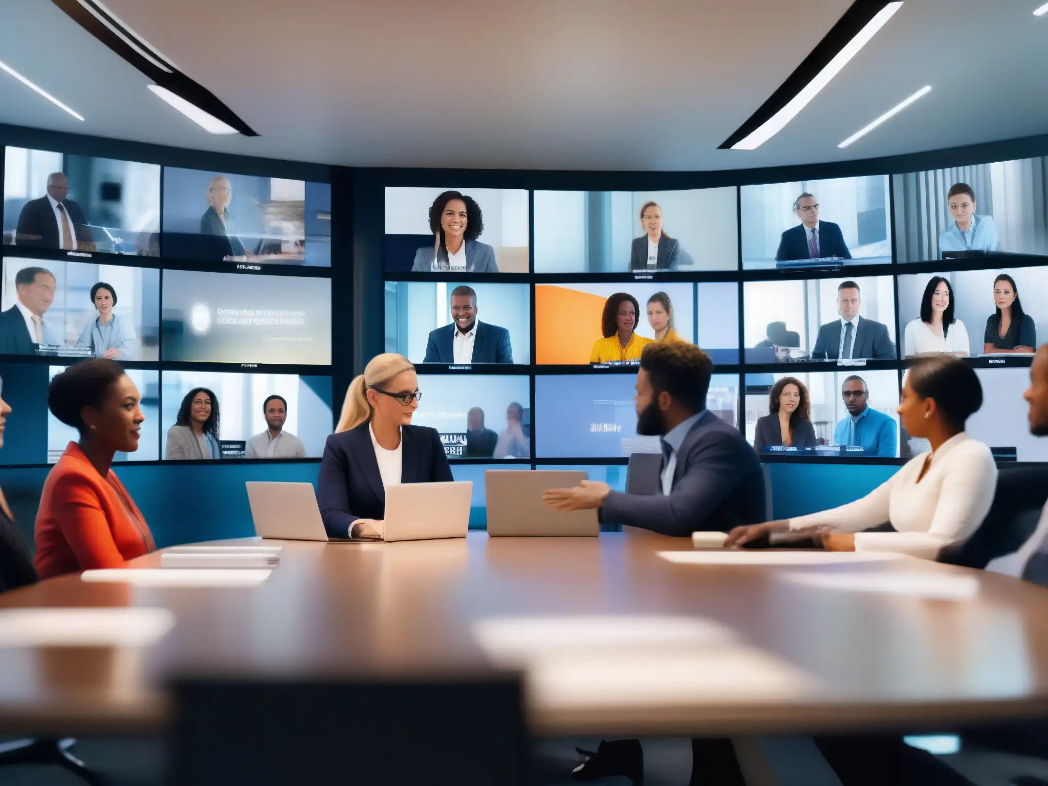 Profesionales en videoconferencia de alto nivel Profesionales aprovechando datos en videoconferencias en una sala virtual moderna y sofisticada, participando activamente en la discusión